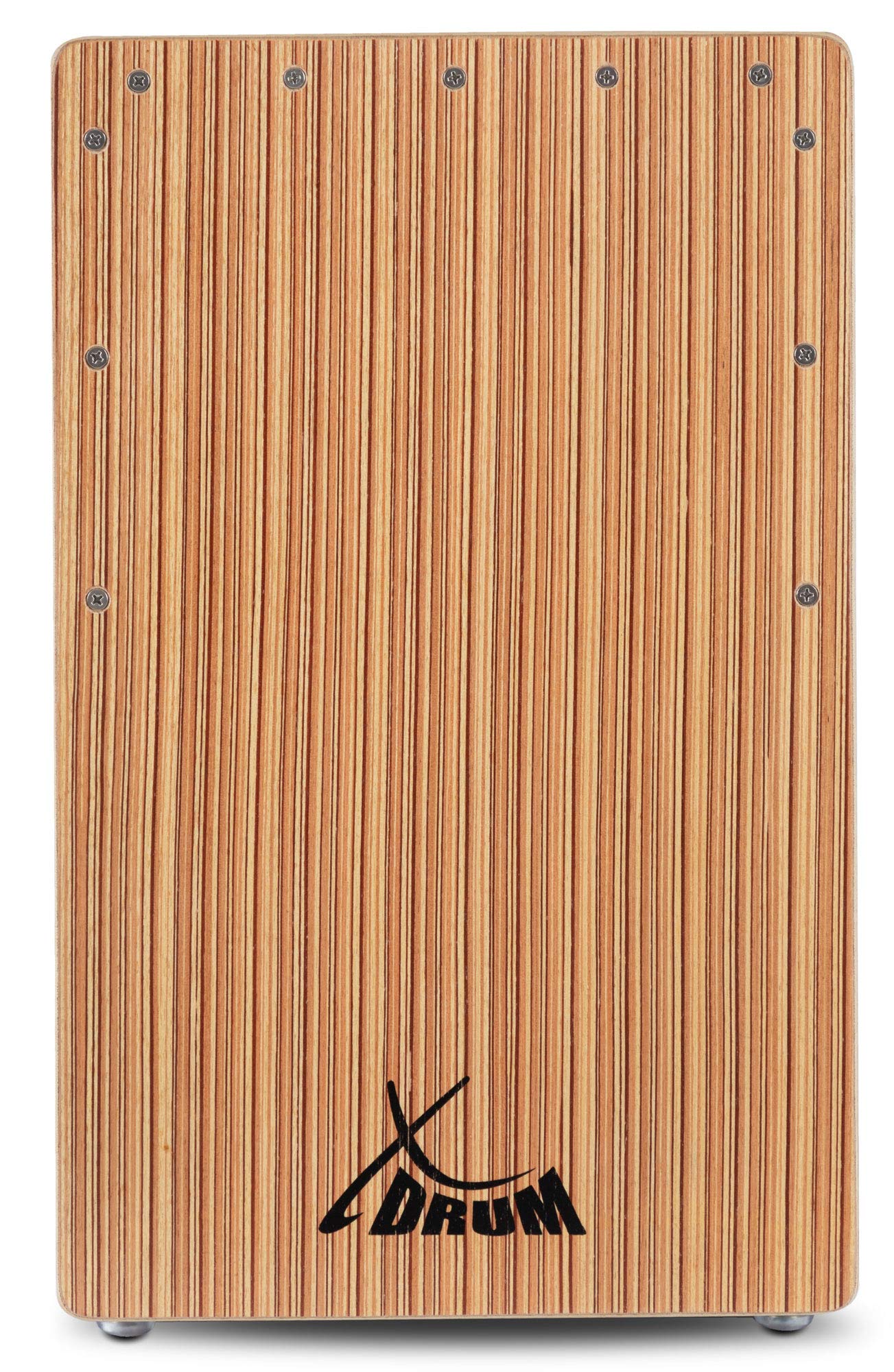 XDrum Cajon El Bajo Bass Port Walnut/Zebra incl. sac, Bass Port intégré | Corps: HPL (High Pressure Laminate), Partie supérieure de la surface de frappe vissée, Surface de frappe: placage Zebrano