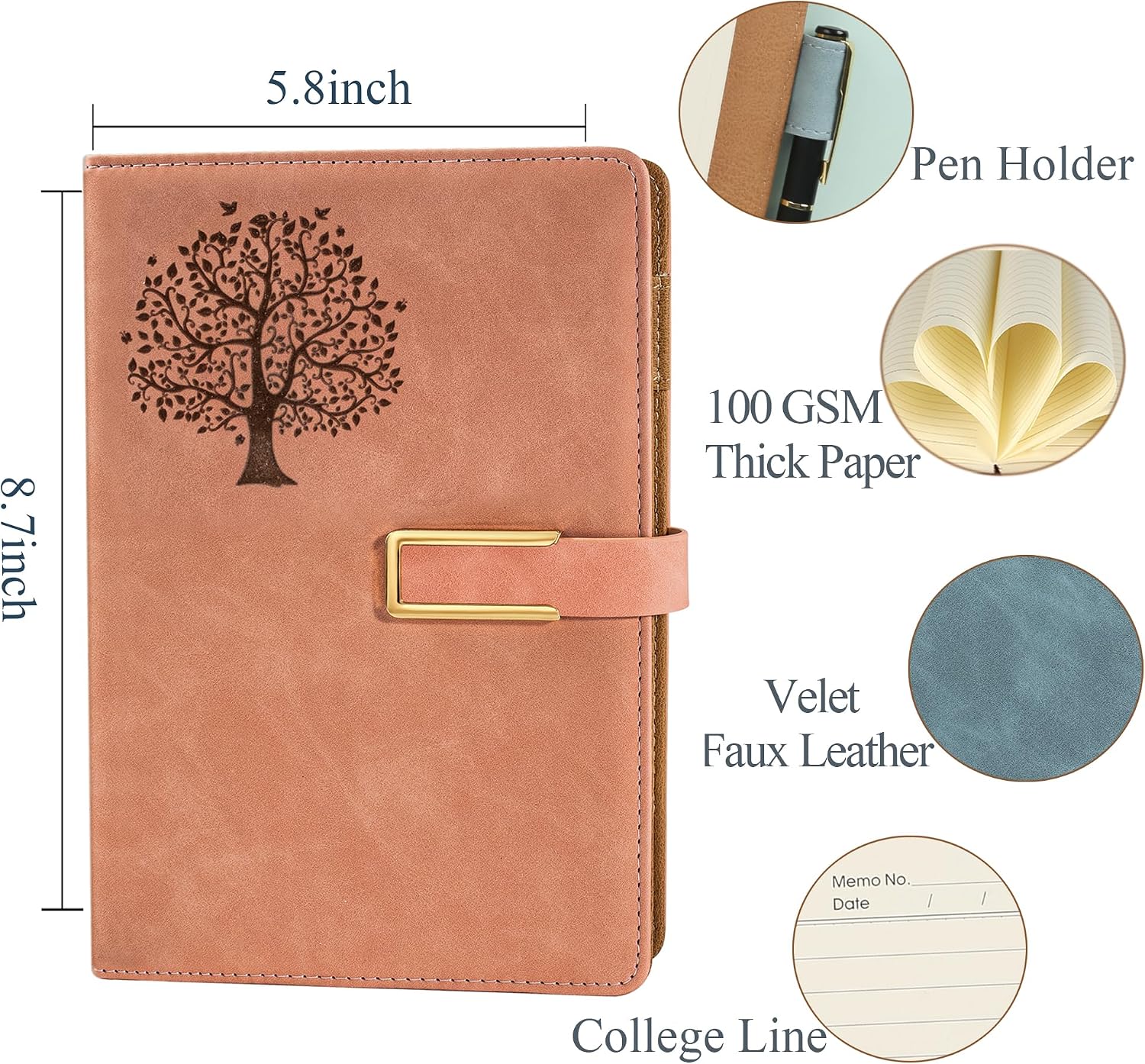 Fanery Sue Tree of Life Refillable Writing Journal for Women&Men Faux Leather Hardcover Notebook A5 College Ruled 200 Lined Pages Lay-Flat Personal Diary with Pen&Magnetic Buckle (Tree of Life-Pink) image 5