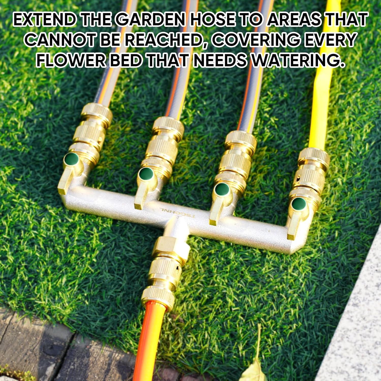 Brass Garden Faucet Splitter, 4-Way Hose Splitter with 4 Extended Metal Handles, Outdoor Hose Divider, Heavy Duty Nickel Plated, GHT 3/4-Inch Heavy Duty Hex Female Inlet and 3/4-Inch Male Outlet