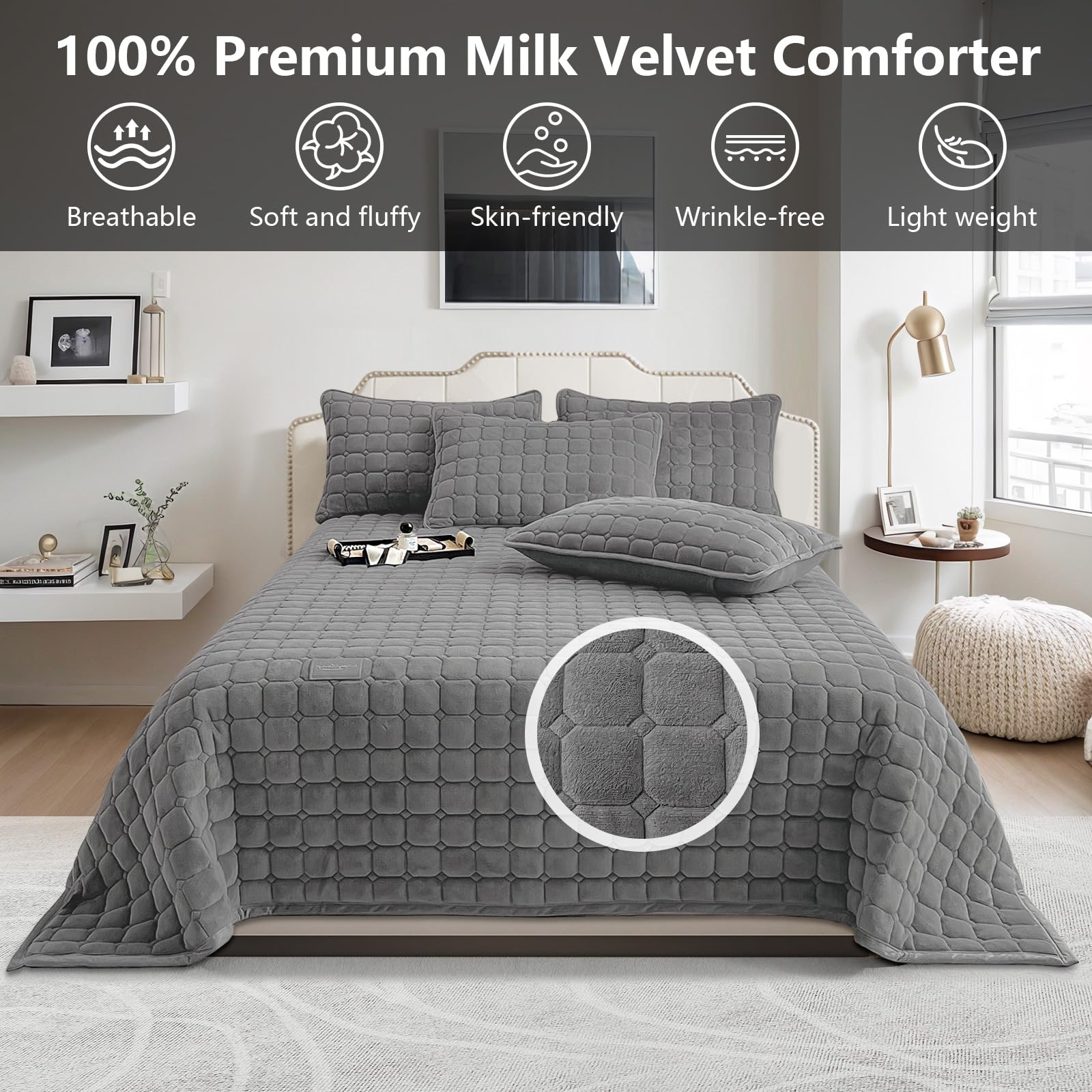 OKYUK Luxus-Samt-Bettwäsche-Set, Tagesdecke, Stepp-Bettwäsche-Set, Bettüberwurf oder Sofaüberwurf,mit 2 passenden Kissenbezügen, für alle Jahreszeiten（Dunkelgrau，230 * 250cm）