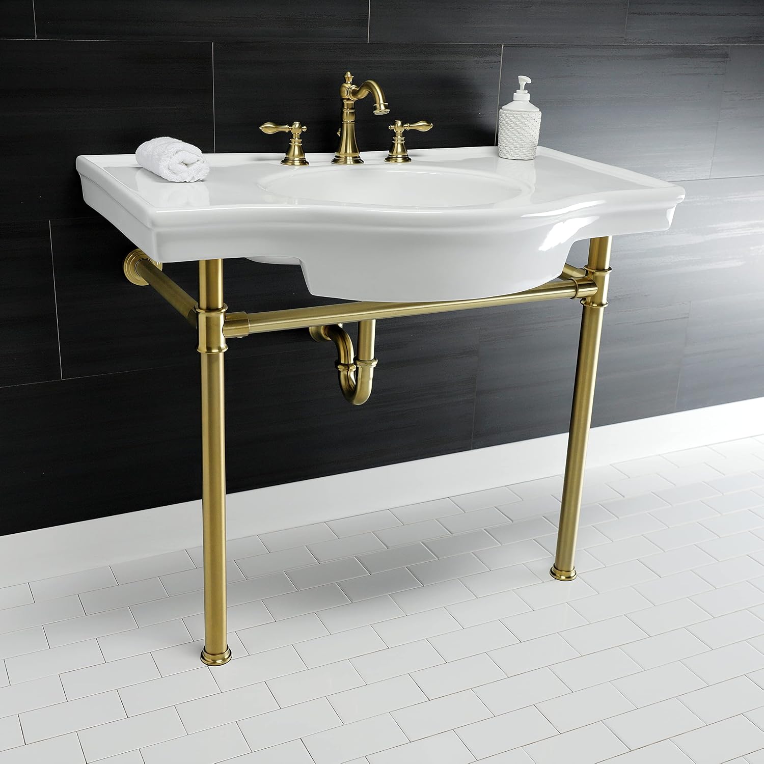 Kingston Brass VPB1377ST Templeton 37" Ceramic Console Sink with Stainless Steel Legs, White/Brushed Brass