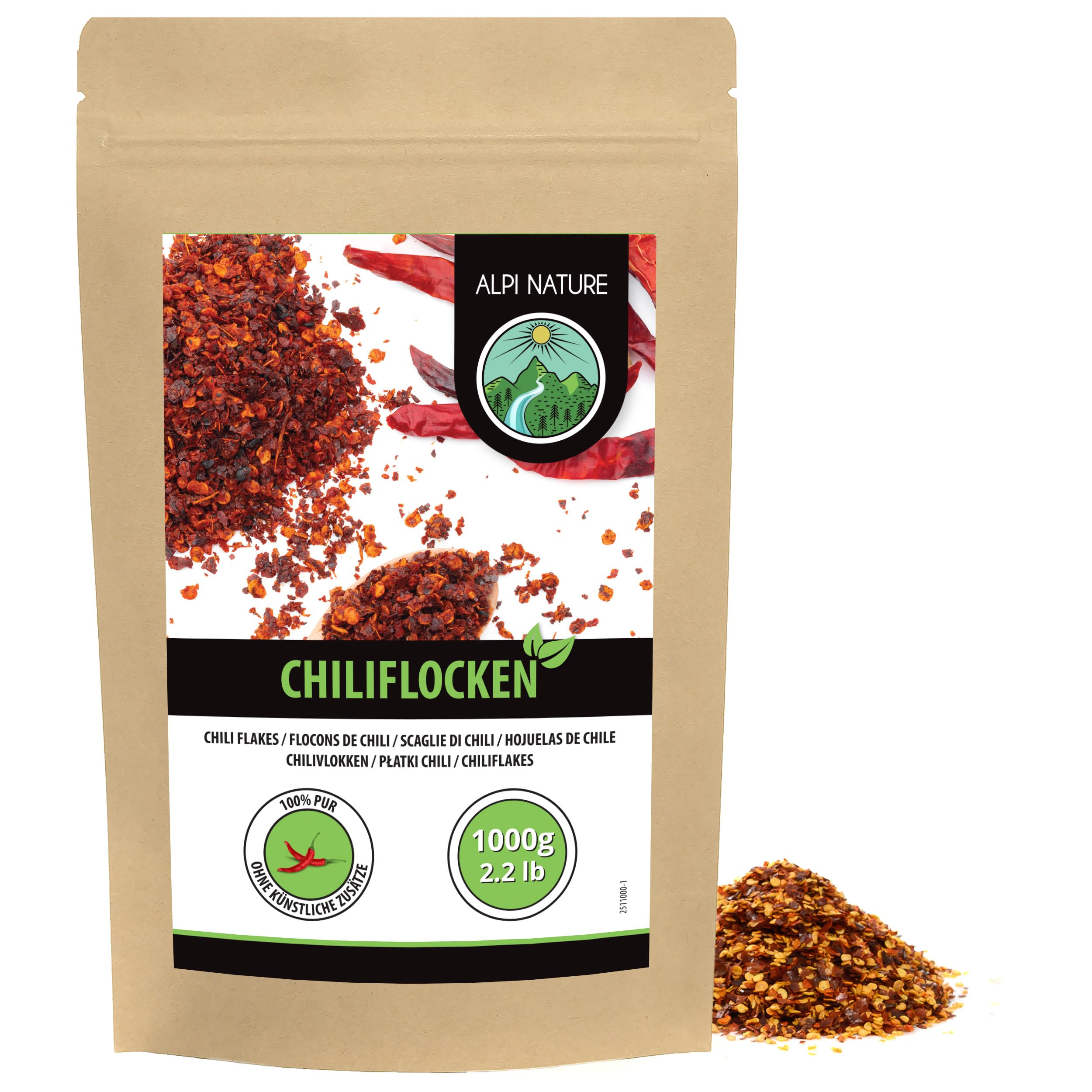 Alpi Nature Chilli Flakes 1kg 2.2 lb, Dried Chillies Capsicum annuum, Hot Chili Flakes for Cooking