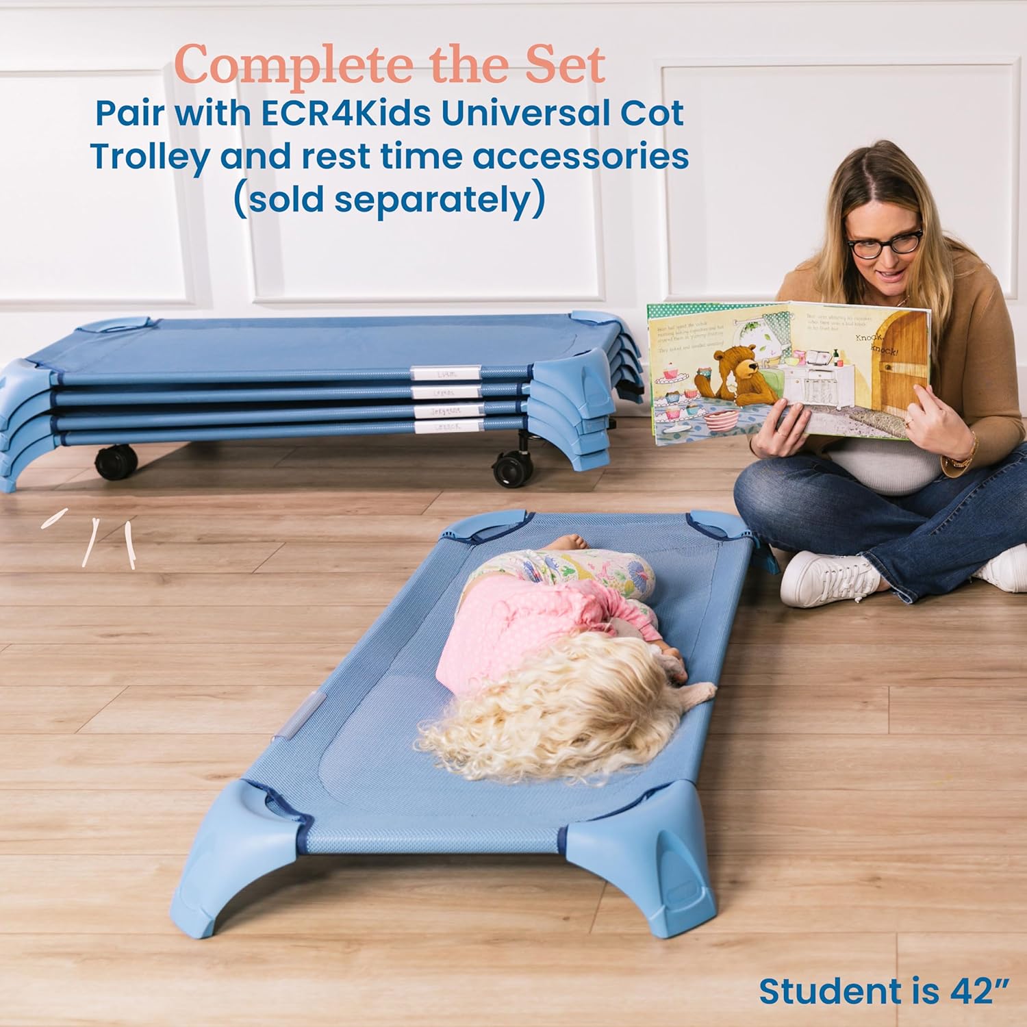 ECR4Kids Stackable Cozy Cot with Storage, Classroom Furniture, Powder Blue, 6-Pack