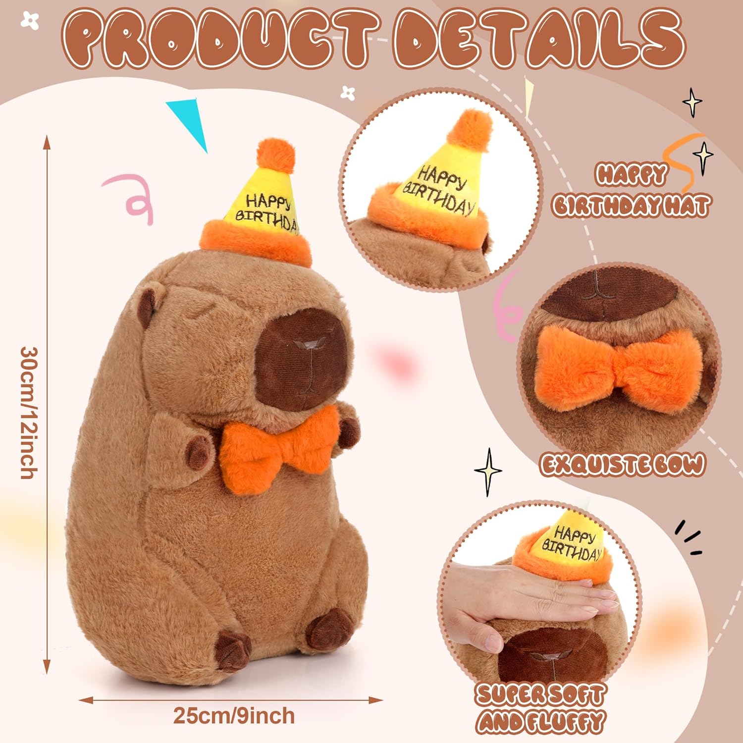 Cute Capybara Plush - Kawaii Happy Birthday Capybara Stuffed Animal, Soft Capybara Plushies Toys Hugging Pillow, Birthday Gift for Kids Boys Girls Adult 12 inch (Yellow)