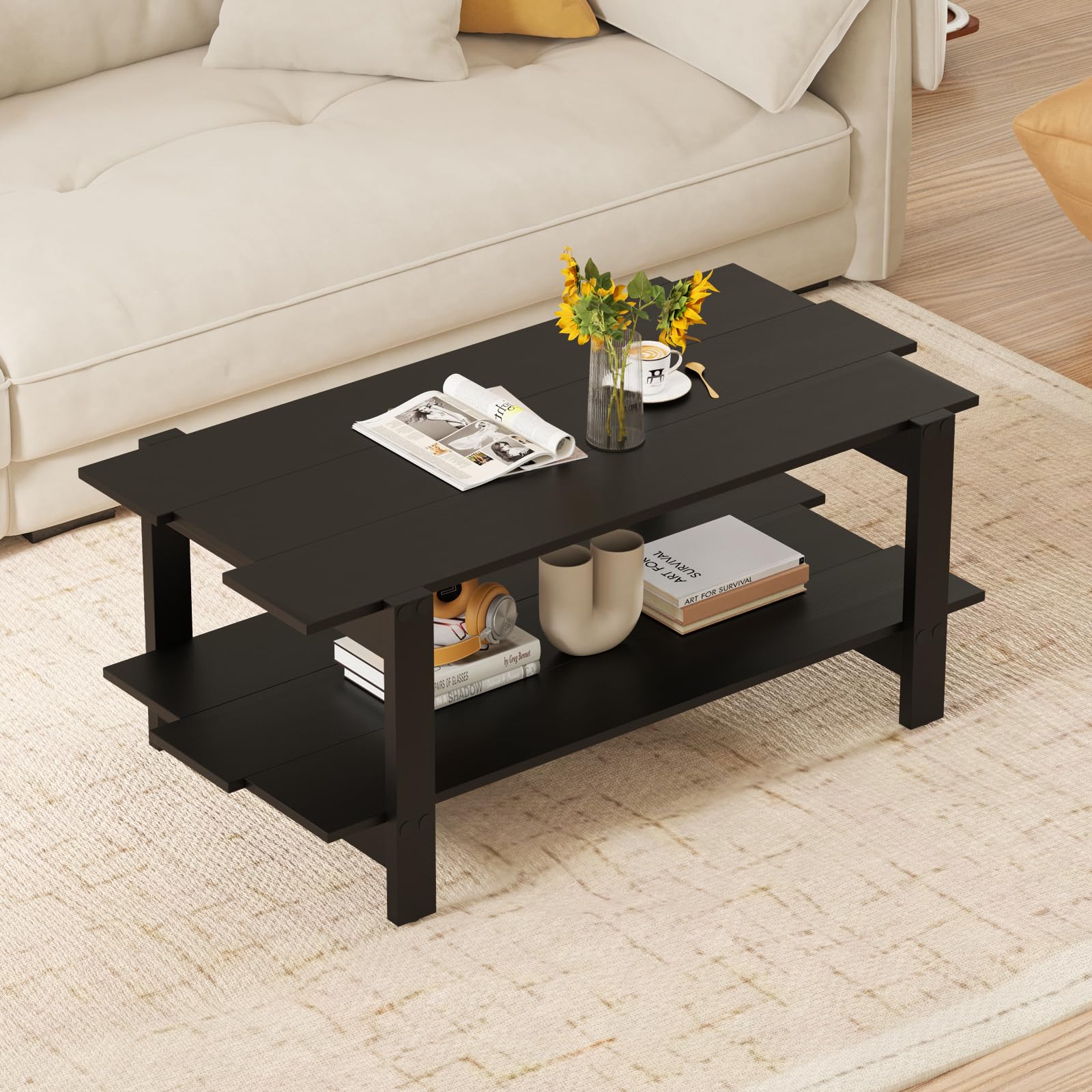 Giantex Coffee Table with Storage 45 Inch Modern Center Table with Slatted Design Side Rail Support Rectangular Living