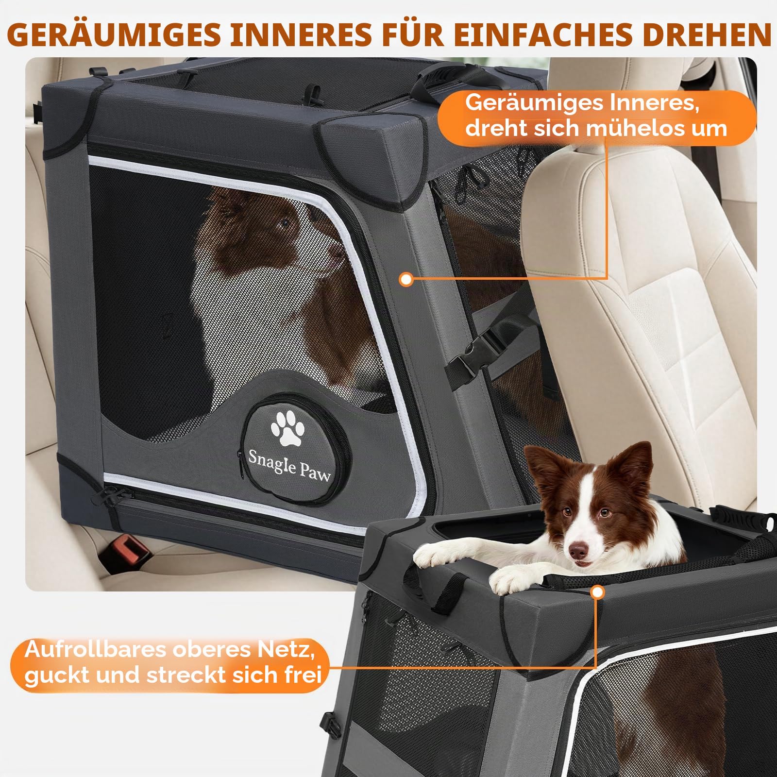 Snagle Paw Tragbare Hundebox für Autoreisen, Metallrahmen-Haustierkäfig, Haustier-Transportbox für Auto-Rücksitz, befestigt mit Kopfstützengurt und Sicherheitsgurt, L, Grau