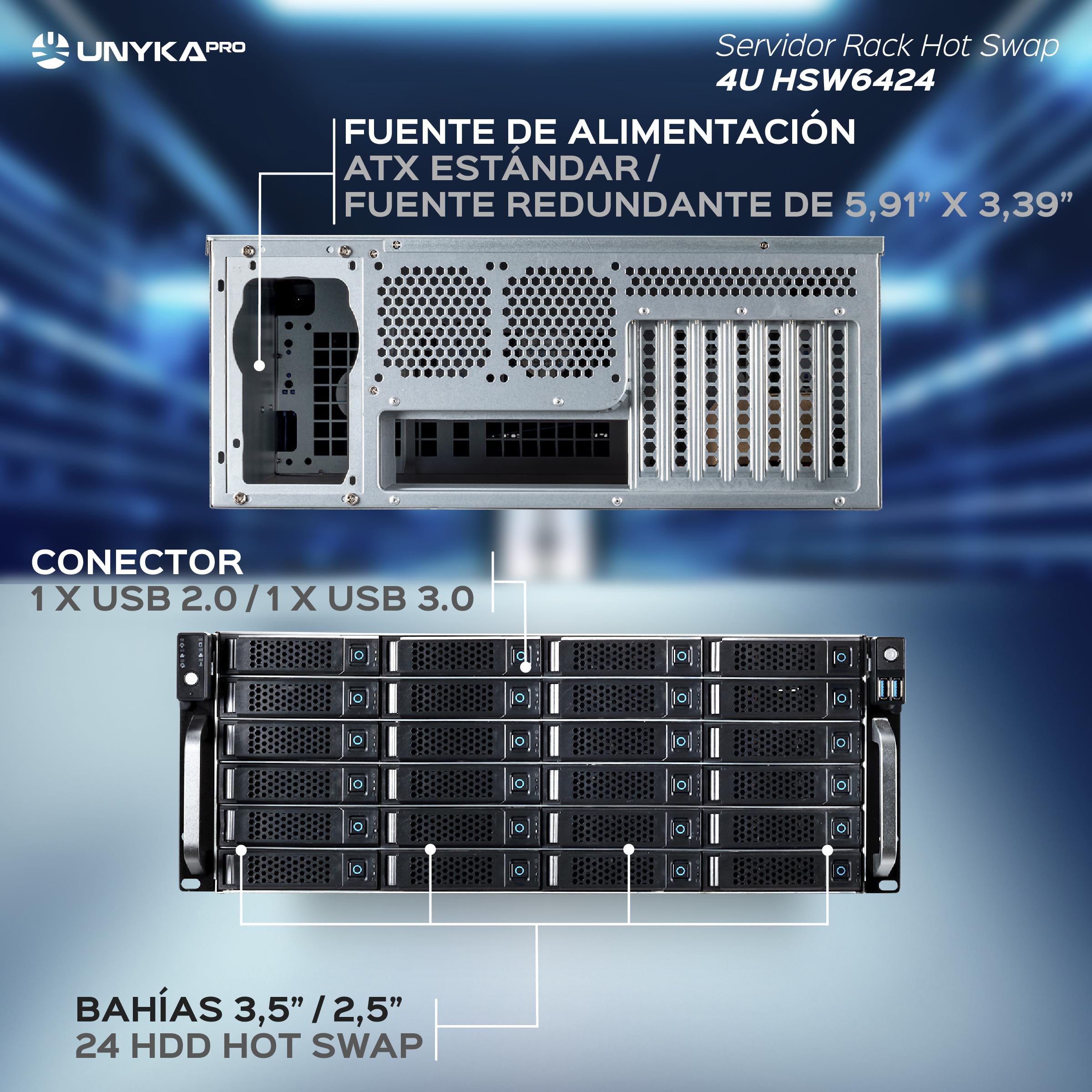 UNYKAch Chasis Servidor Rack Hot Swap (Sustitución de Bahías en Caliente) 4U ATX, 24 Bahías, para Discos de 3,5″ o 2.5”, Tres Ventiladores de 120 mm y Dos USB 2.0