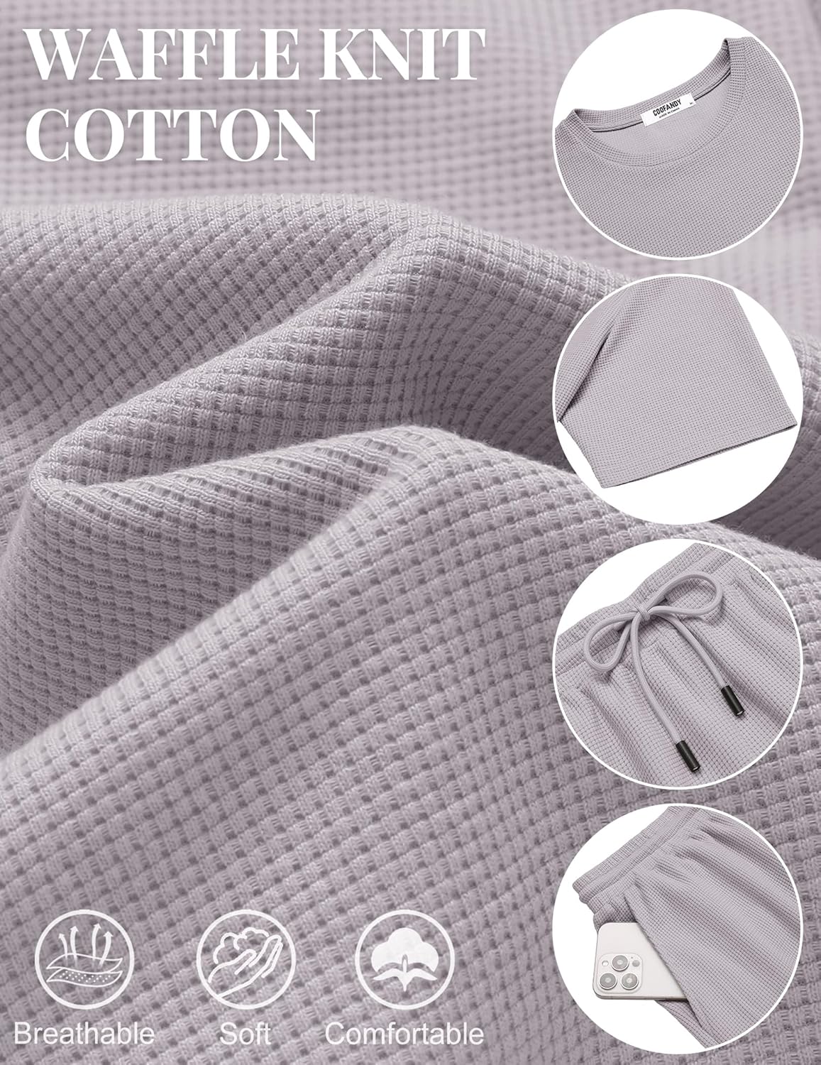 COOFANDY Men's Cotton Waffle 2 Piece Outfits Casual Short Sleeve Shirts and Shorts Set Summer Jogging Tracksuit Lounge Sets - Image 6