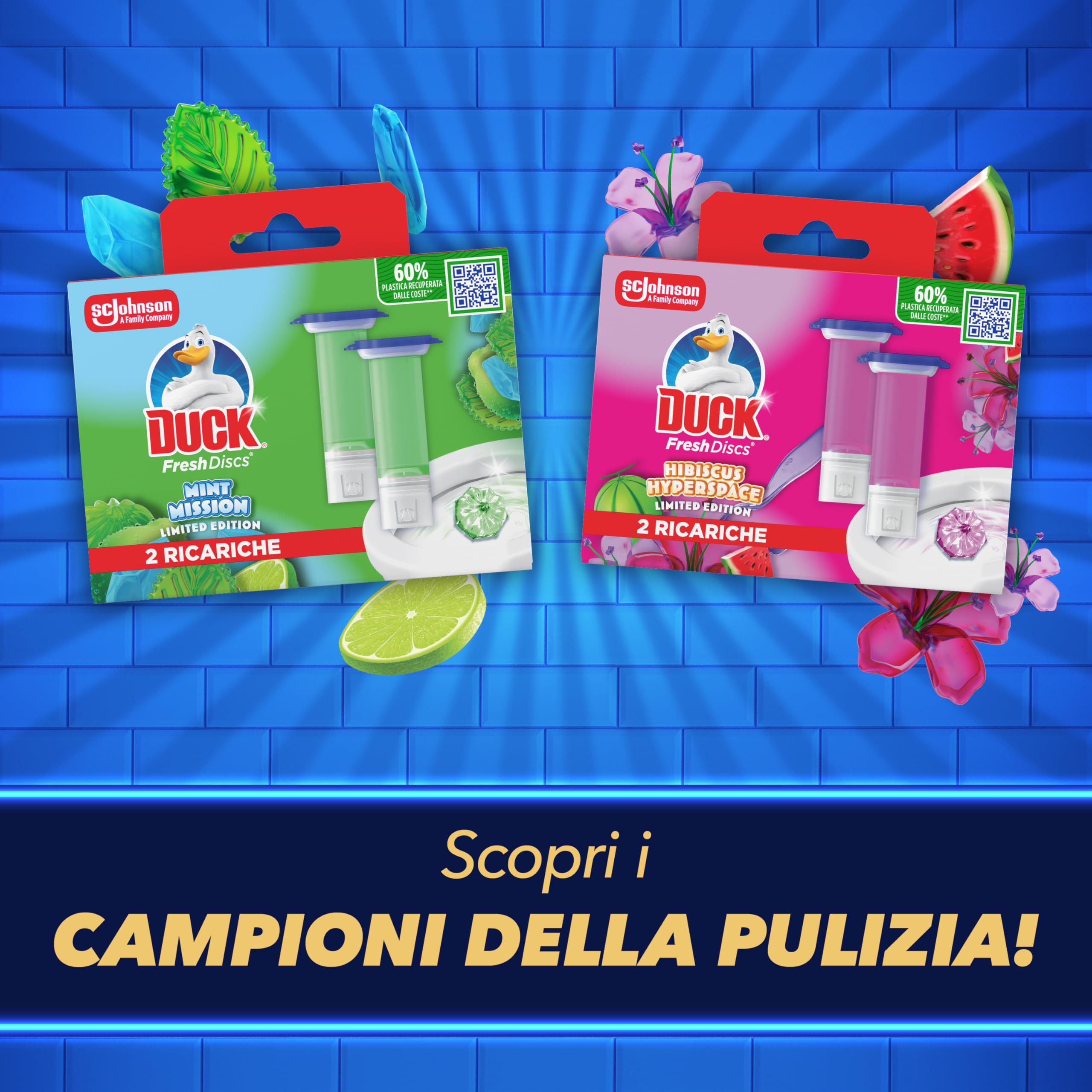 Duck Fresh Discs - Dischi Gel Igienizzanti WC, Fragranza Ibisco, Anguria & Prugna, Formato Scorta da 10 Ricariche e 60 Dischetti