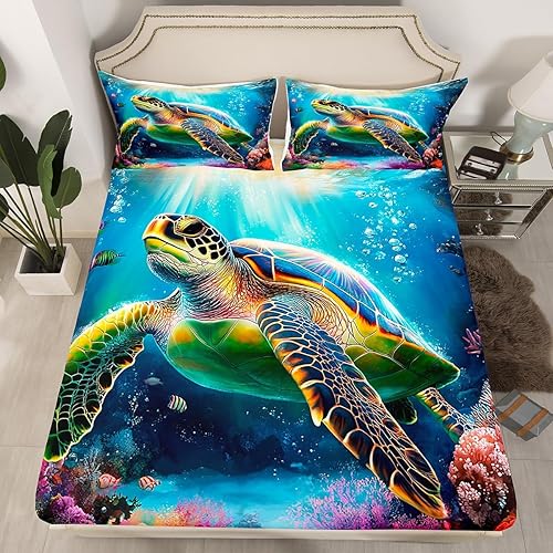 Miniatura 9 de Juego de sábanas de medusa verde azulado morado para niños y niñas, sábanas de animales marinos náuticos, sábana bajera bajo el agua de criaturas