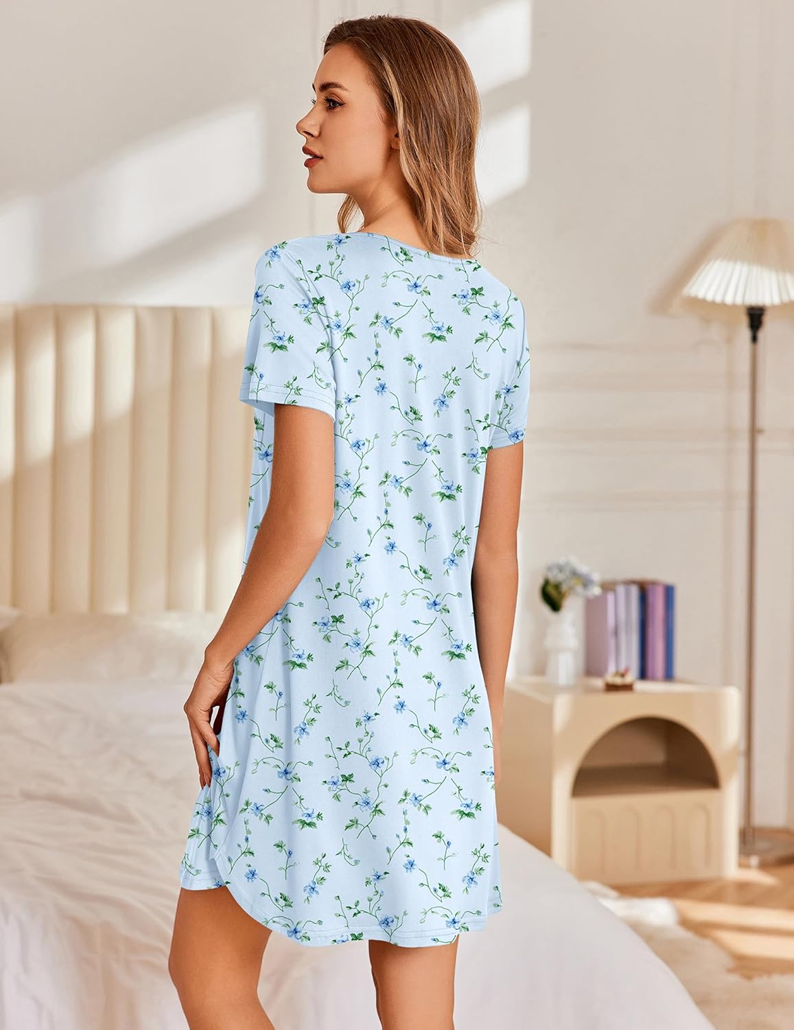 Ekouaer Nightgowns for Women Pleated Sleep Shirts Short Sleeve Night Shirts Lace Trim Night Gown Ladies Sleep Dress - Image 5