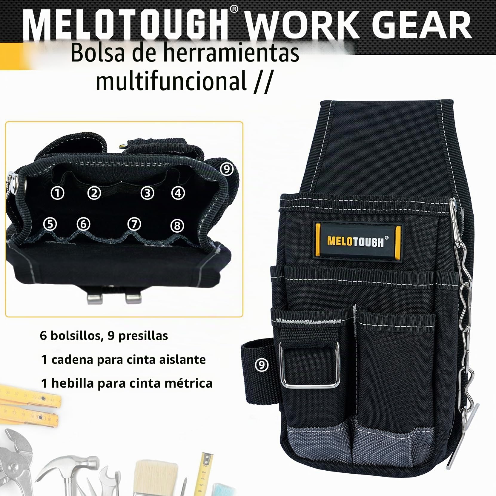 MELOTOUGH Bolsa de herramientas de bolsillo con clip, mini organizador de herramientas para electricistas, carpinteros, construcción, técnicos, gris, tela impermeable 600D, polietileno