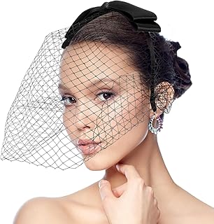 Black Veil Mesh Bow Veils Funeral Hat Headband with Rhinestones, 1920s Fascinator Headpiece Bow Knot Birdcage Veil for Girls Women Tea Party, Church, Cocktail Party, Birthdays