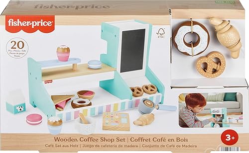 Miniatura 6 de Fisher-Price Wood Pretend Play Coffee Shop & Toy Register, juego de comida de madera de 20 piezas para niños preescolares a partir de 3 años