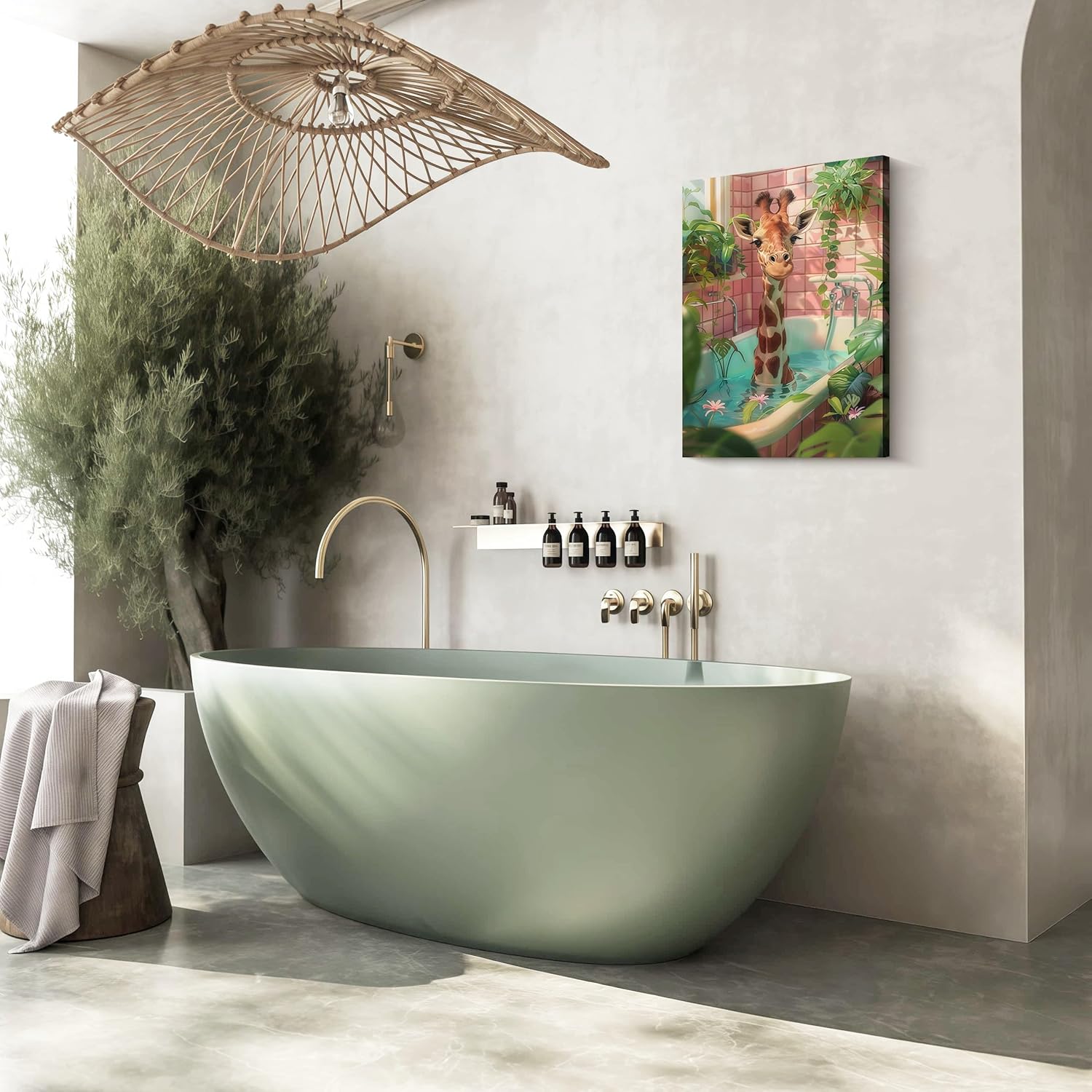 Framed Giraffe in Bathtub Canvas Wall Art Botanical Animal Pattern Maximalism Animals in Bathtub Poster Print Picture Tropical Bathroom Jungle Bathroom Toilet Wall Decor 16x24 Inch Ready to Hang