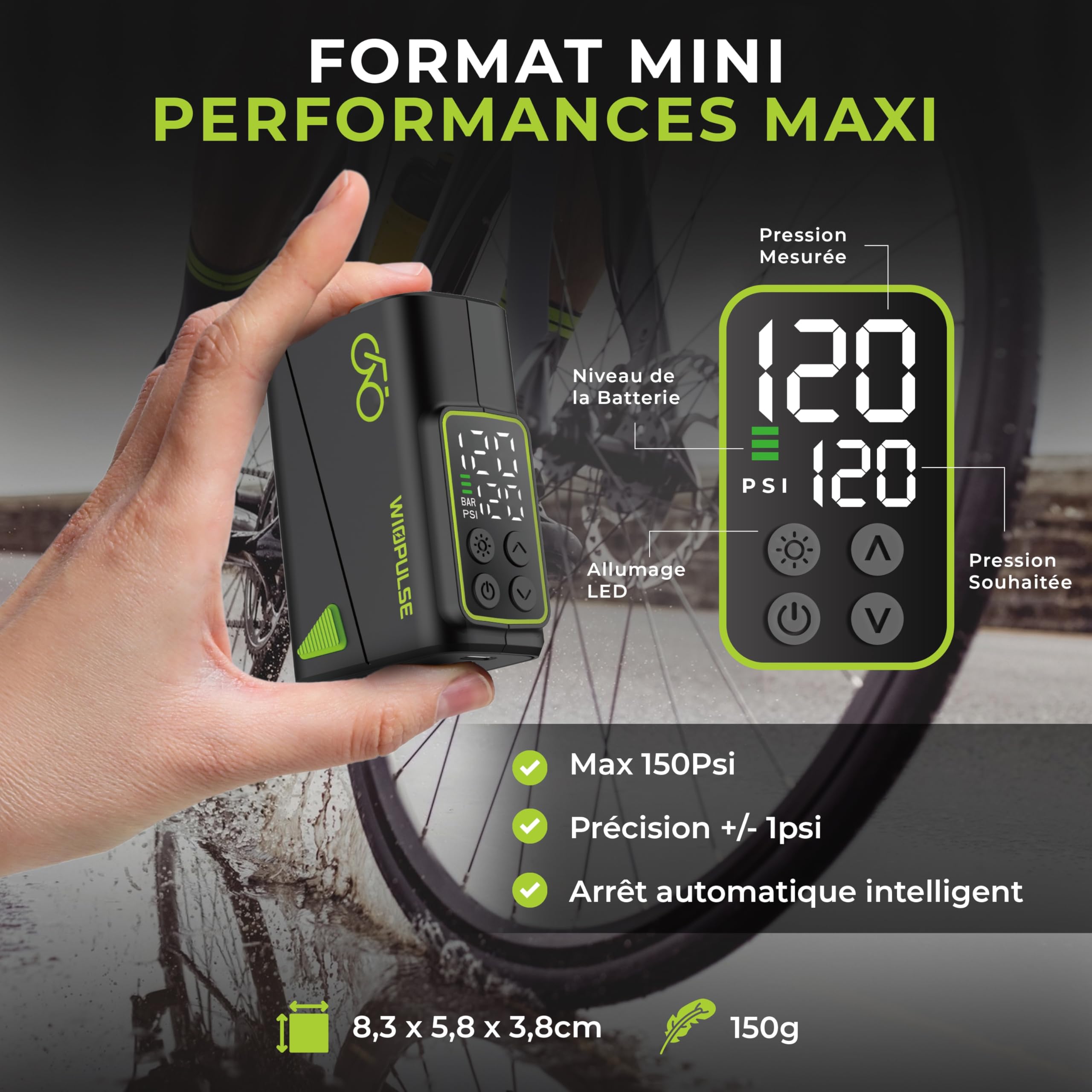 Mini Pompe Vélo Électrique 150 PSI Compresseur Portable LCD Arrêt Auto LED Presta Schrader