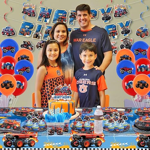 Miniatura 6 de KEFAN Suministros para fiesta de cumpleaños de Monster Truck, juego de decoraciones de fiesta de camión monstruo que incluye pancarta, platos,