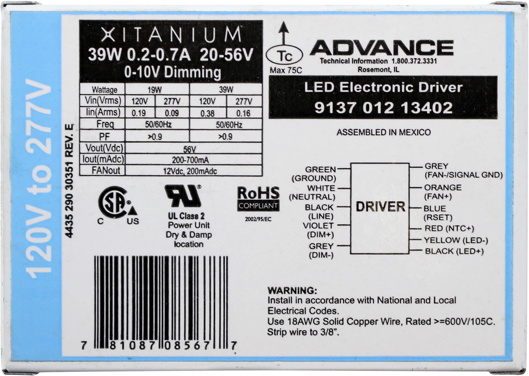 Advance 9137-012-13402 LED Electronic Ballast, 39W Dimmable LED Driver