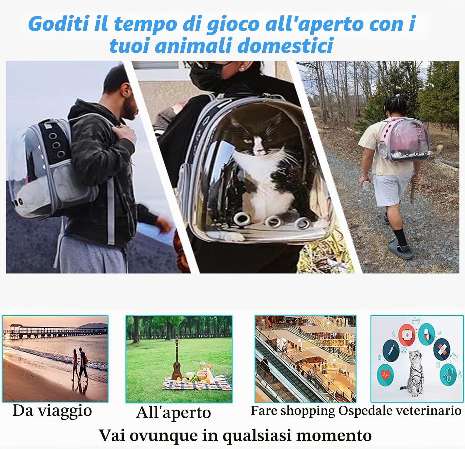 Zaino per Cani Gatti, Grande Porta Animali Espandibile, Zaino a capsula spaziale per animali domestici, con 9 ingressi Zaino Traspirante Porta Cuccioli Pieghevole (Nero, Fronte Espandi)