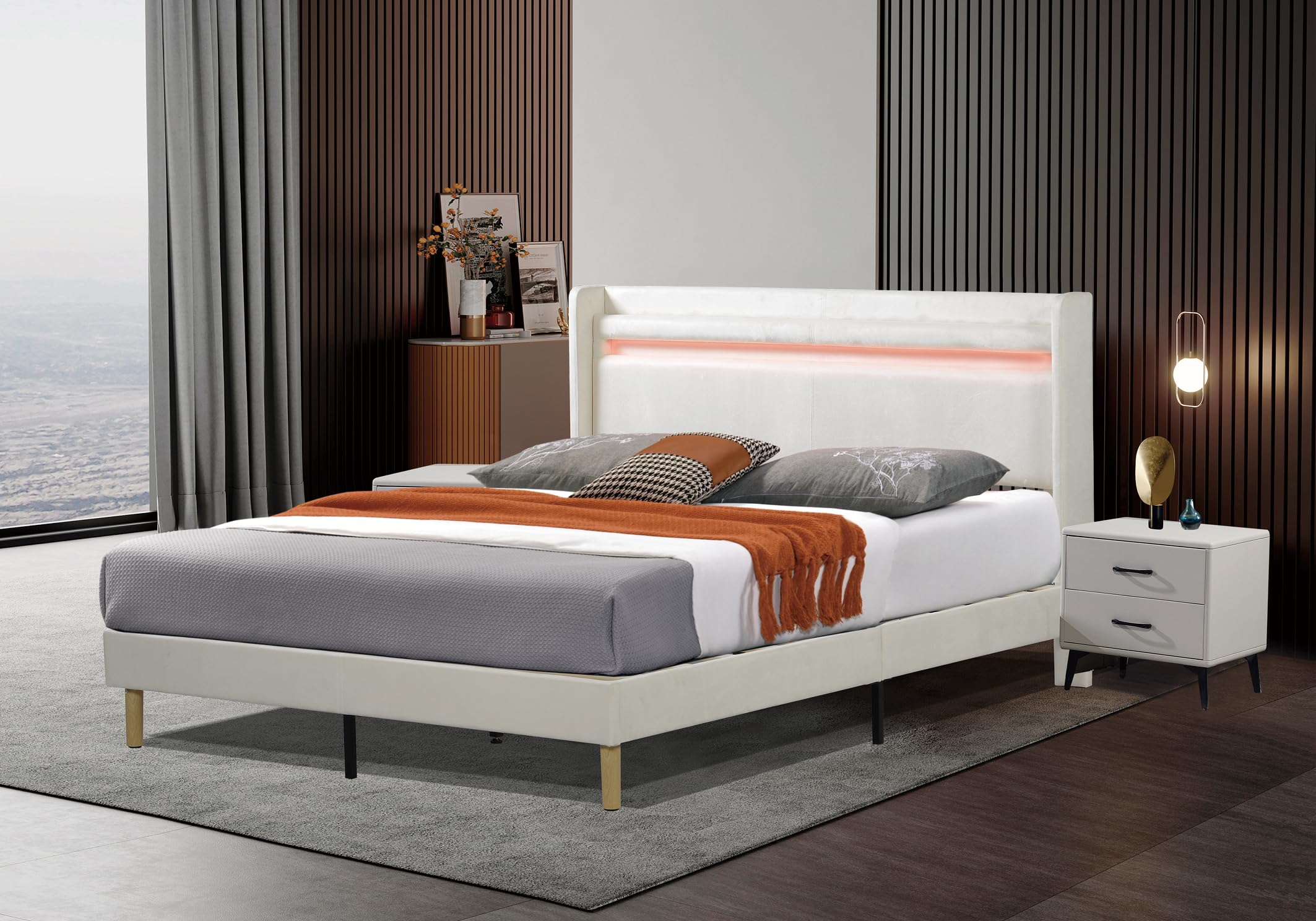 King Wood Bed Frame with LED Lights Headboard King Size Heavy Duty Hybrid Bed Frame Bed Base with