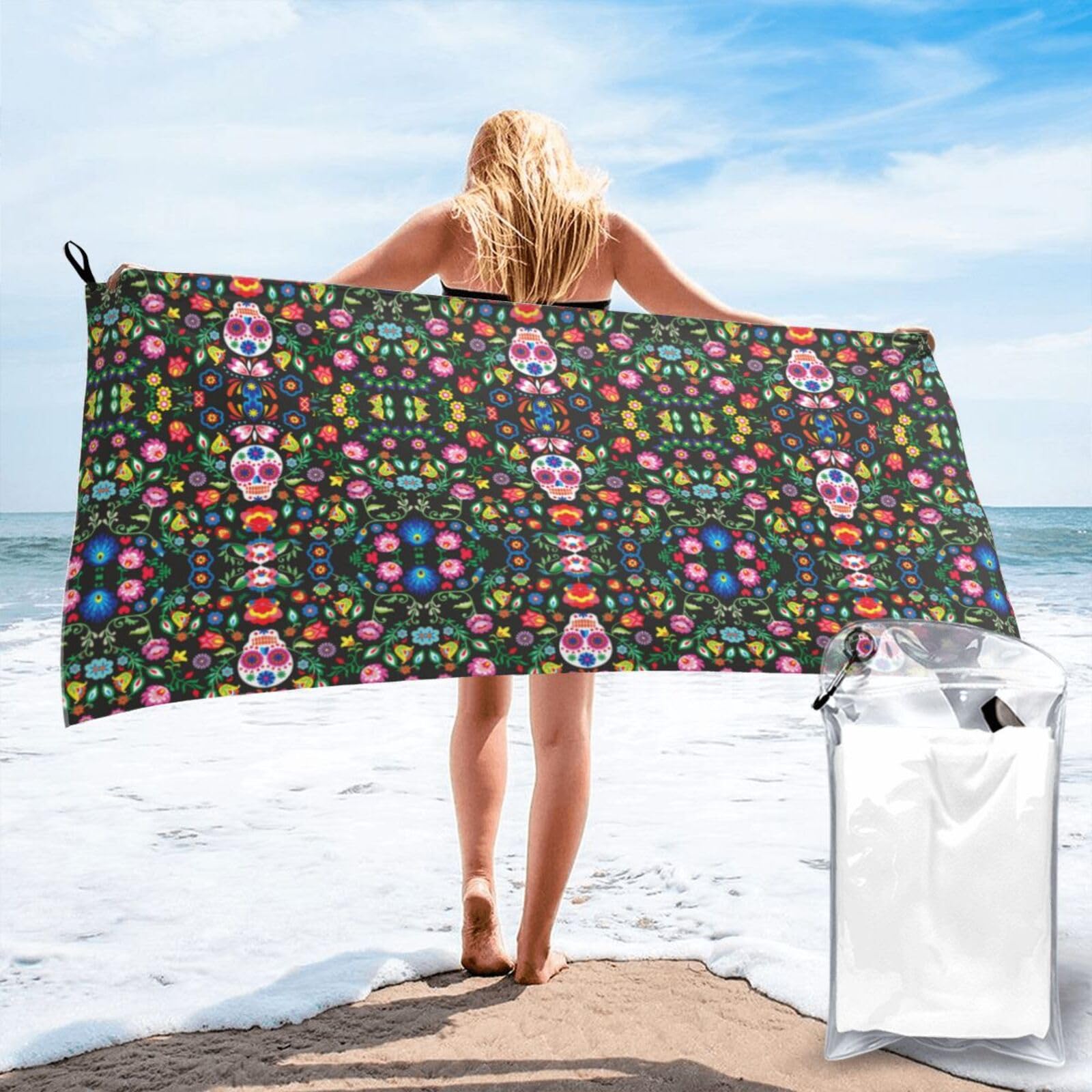 Toalla de baño de calavera grande y suave con acabados florales resistentes