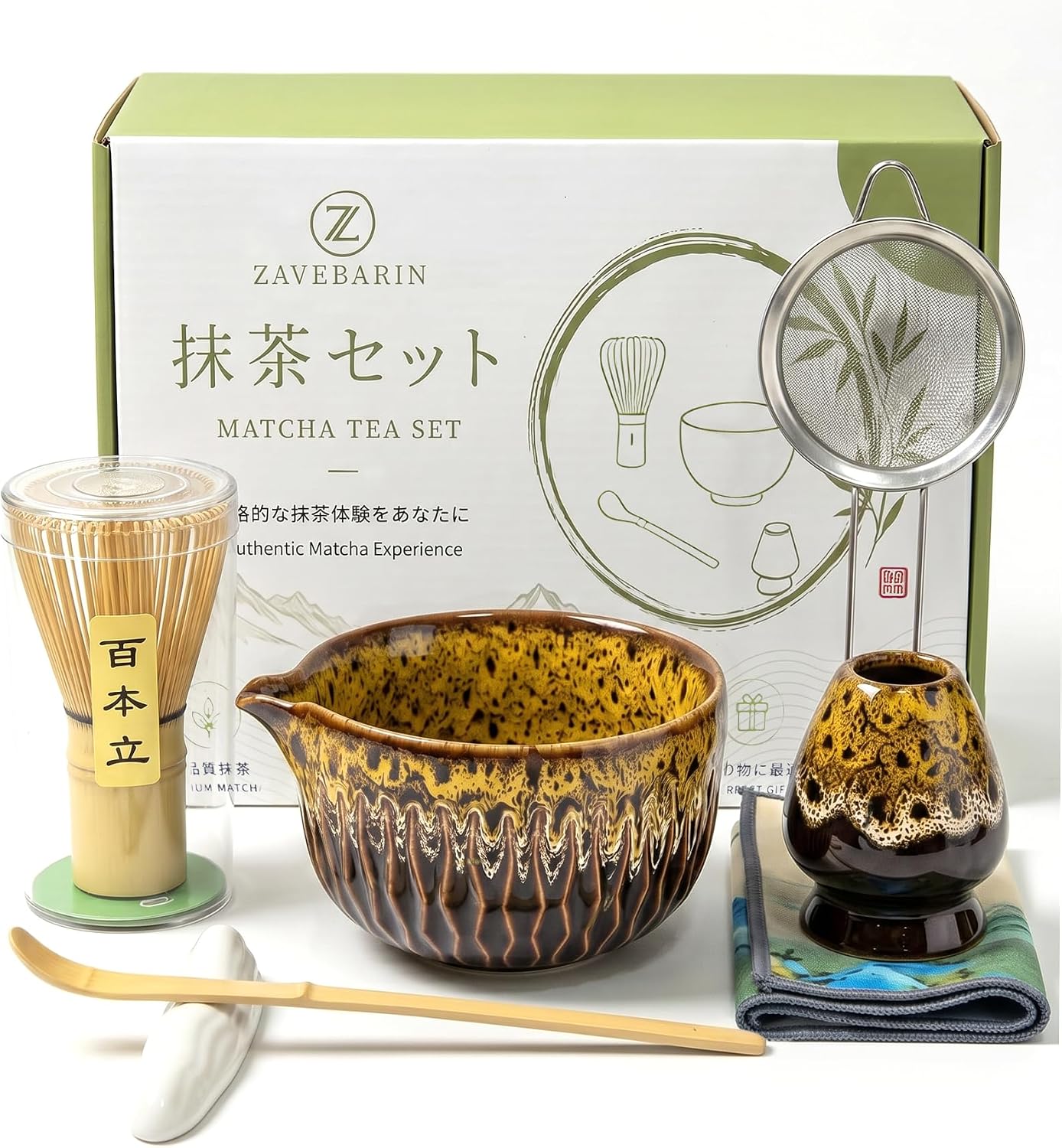 Matcha Whisk Set, Ceramic Tea Kit Includes Bowl | Whisk Holder, Bamboo Whisk, Sifter, Scoop, Spoon Rest and Tea Towel 7PCS Complete Gift Set for Matcha Lovers and Beginners