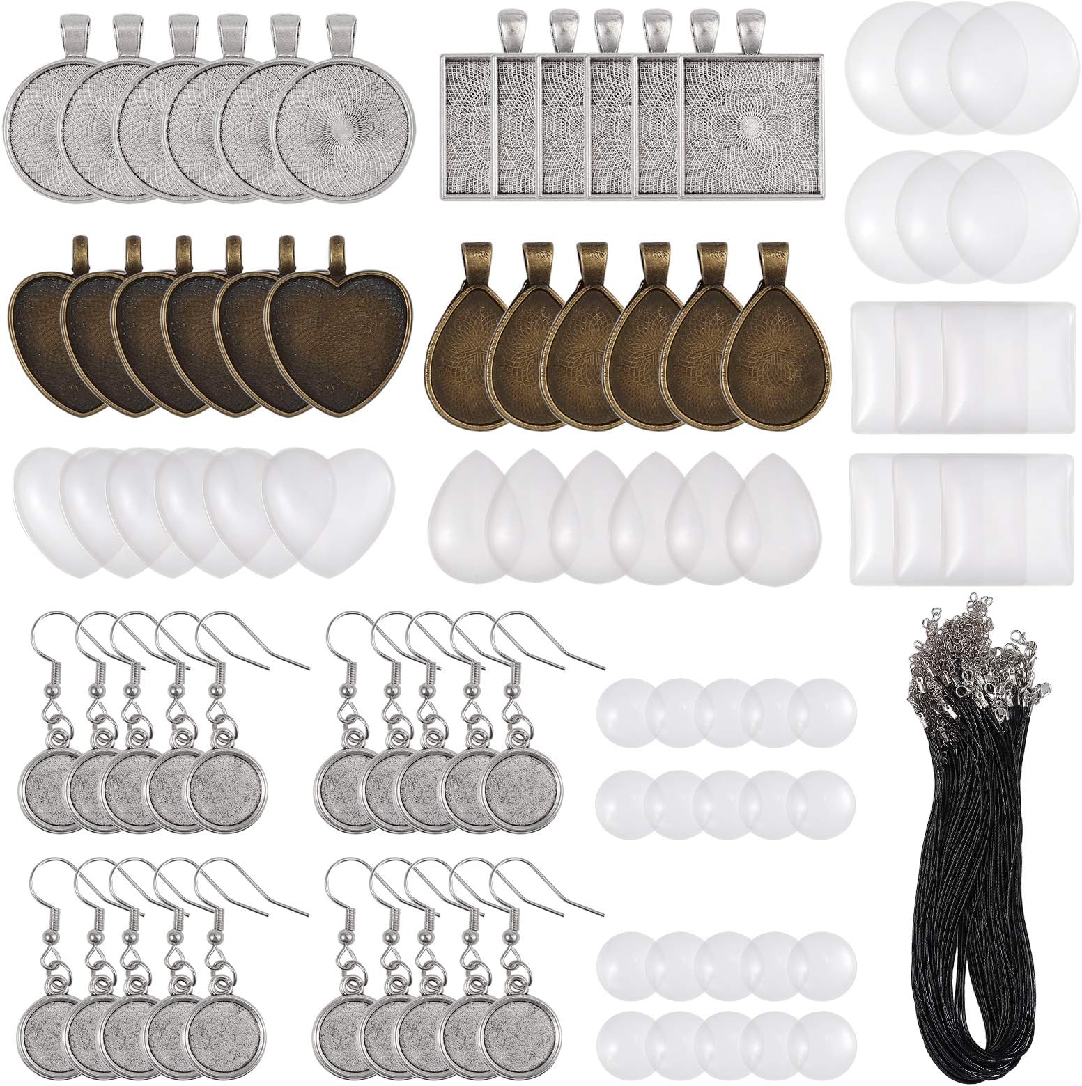 138 Pcs Pendant Trays Set Including 24 Pcs Silver Pendant Tray 20 Pcs Silver Earring Tray 44 Pcs Bright Glass Cabochon Dome Tiles 50 Pcs Black Waxed Necklace Cord for DIY Jewelry Gift Making