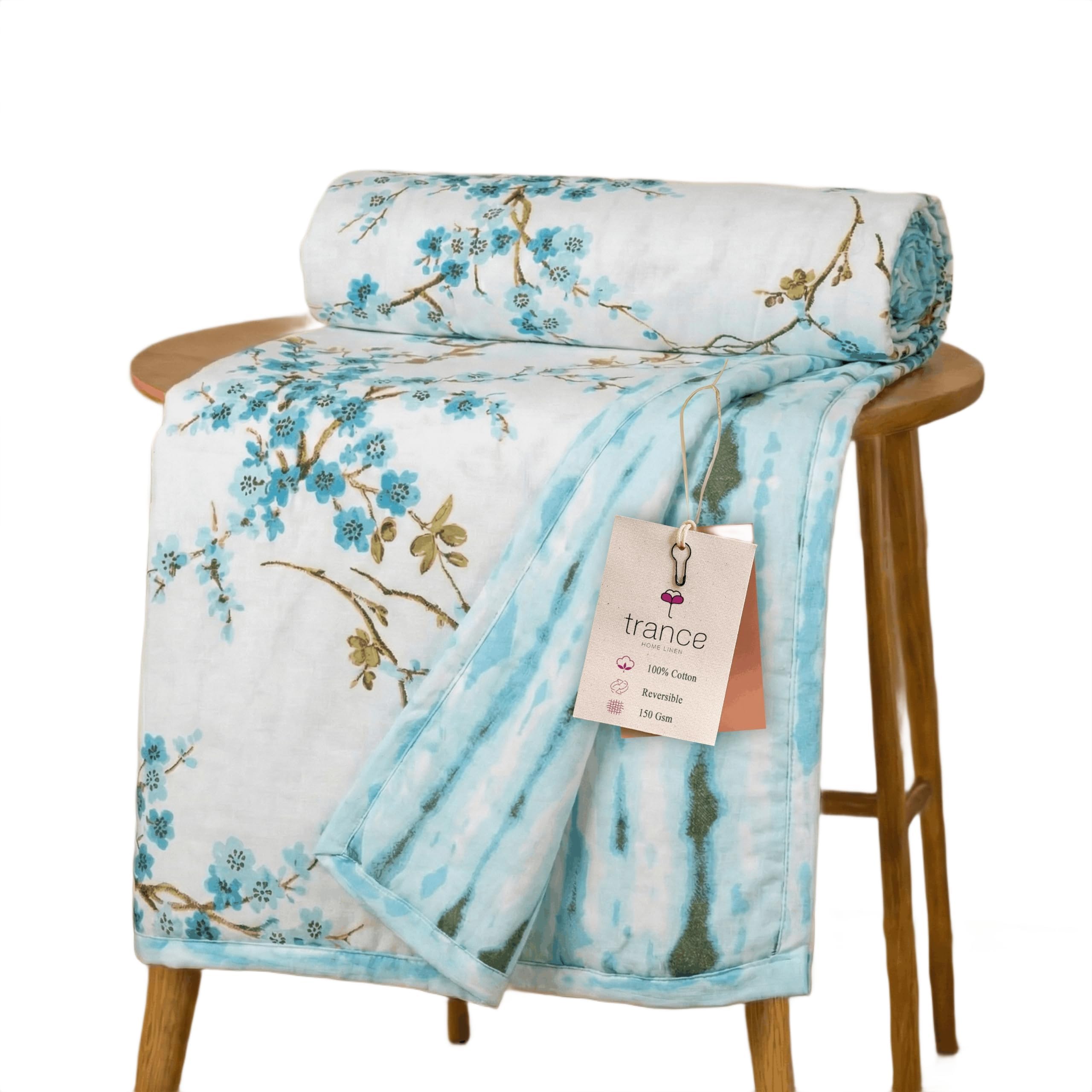 TRANCE Home Linen Premium 100% Cotton Dohar for Single Bed | 150 GSM | Reversible Ac Comforter | Light Weight All Season Soft Blanket (58x90 Inches | Akira Turquoise)