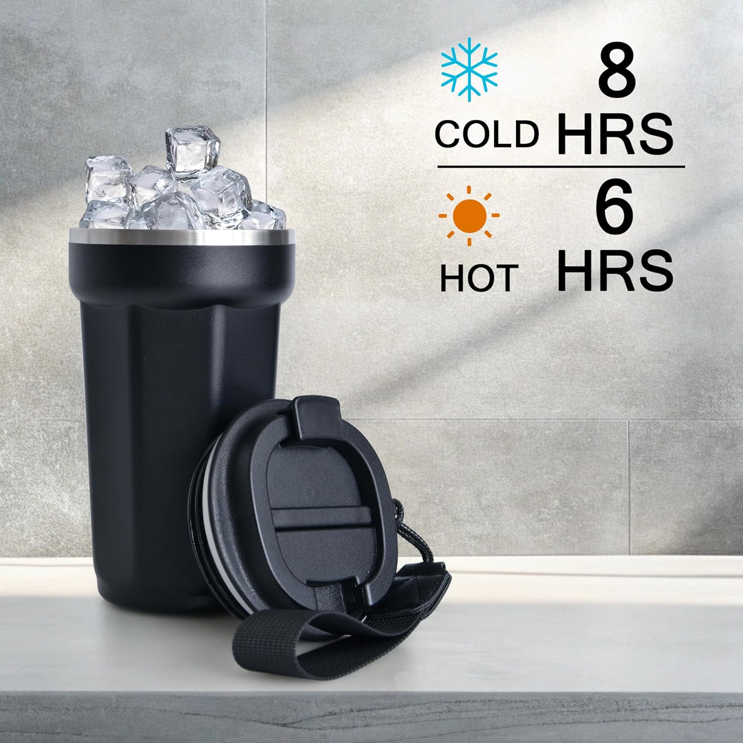 sweet grain Travel Coffee Mug - 17oz Vacuum Insulated Coffee Mug with Lid & Hand Rope, Stainless Steel Leakproof Coffee Travel Mug for Keep Hot/Ice Coffee,Tea and Beer - Black - Image 3