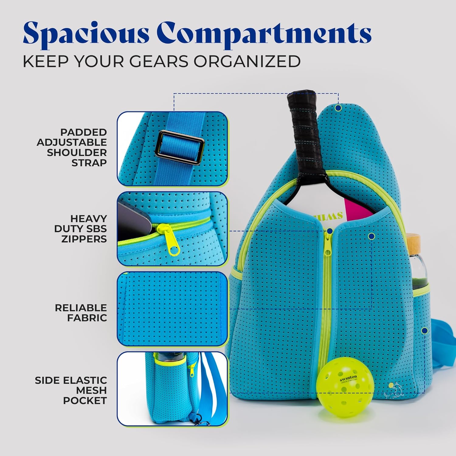 Swinton Pickleball Bag for Women and Men – Stylish Pickleball Backpack | Lightweight, Water-Resistant Pickleball Paddle Bag | Unisex Pickleball Bags with Space for Paddles, Balls & Accessories - Image 2