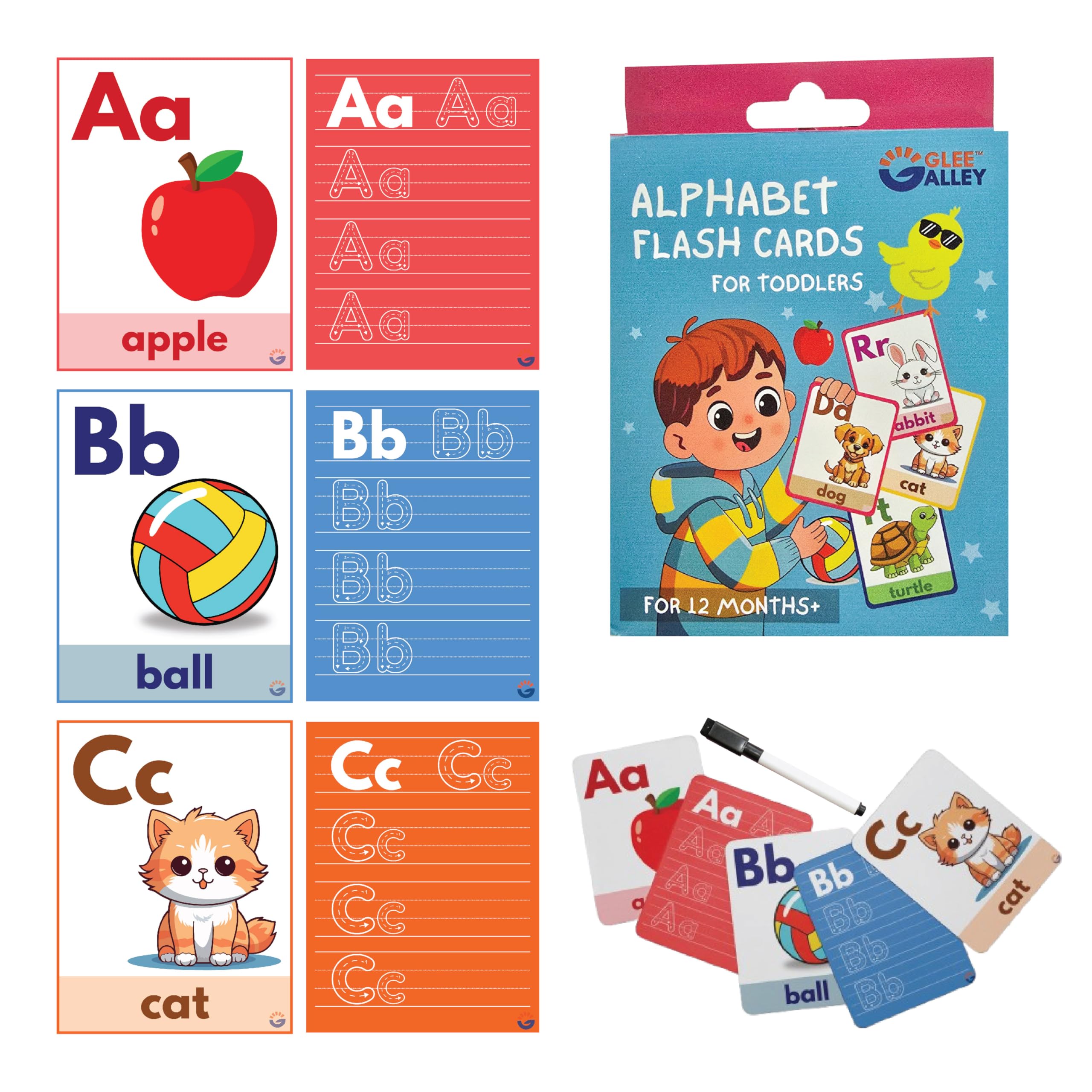 ABC Flash Cards for Toddlers Ages 2-6- 27 Double-Sided Alphabet Flash Cards with Marker - Educational Toys for Kids, Preschool & Kindergarten - Phonics, Sight Words, Early Tracing, Reading & Writing