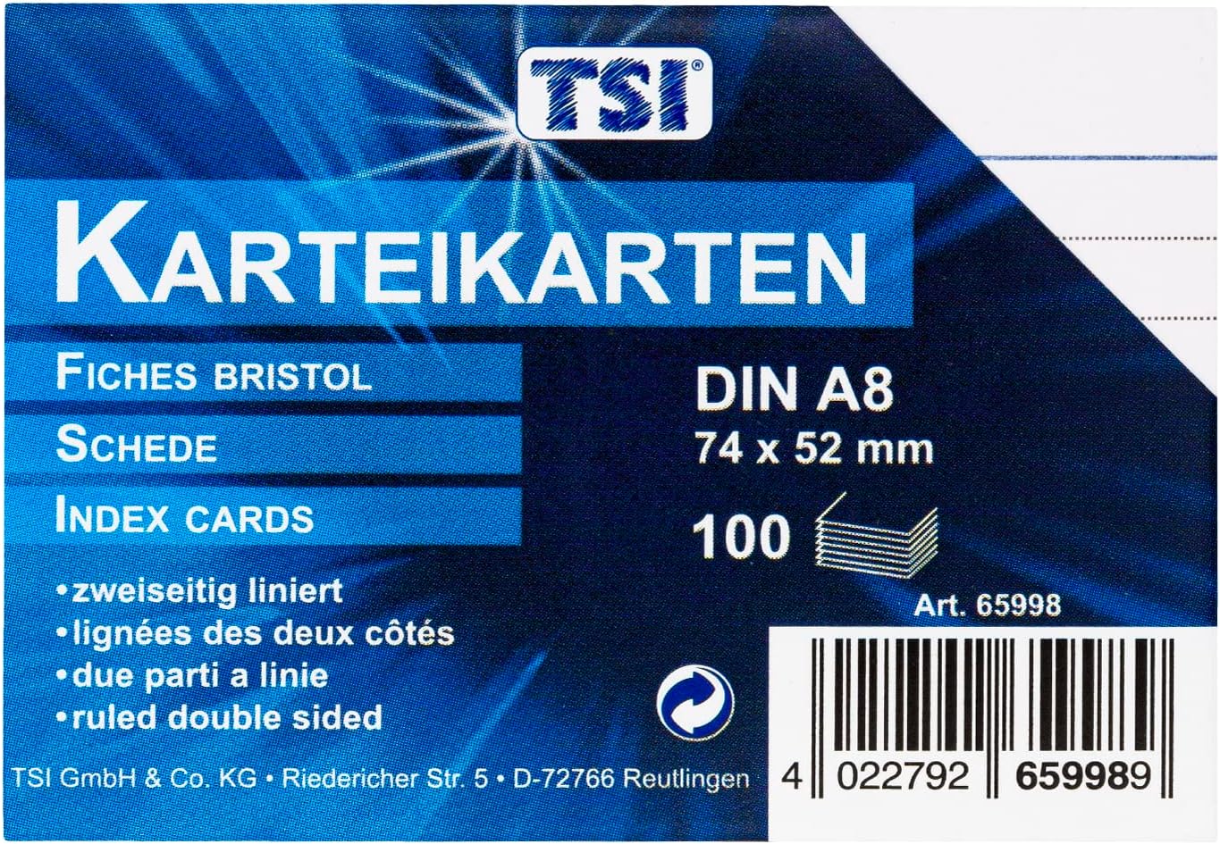 TSI Fiszki DIN A8, opakowanie 100 sztuk, w linie, białe