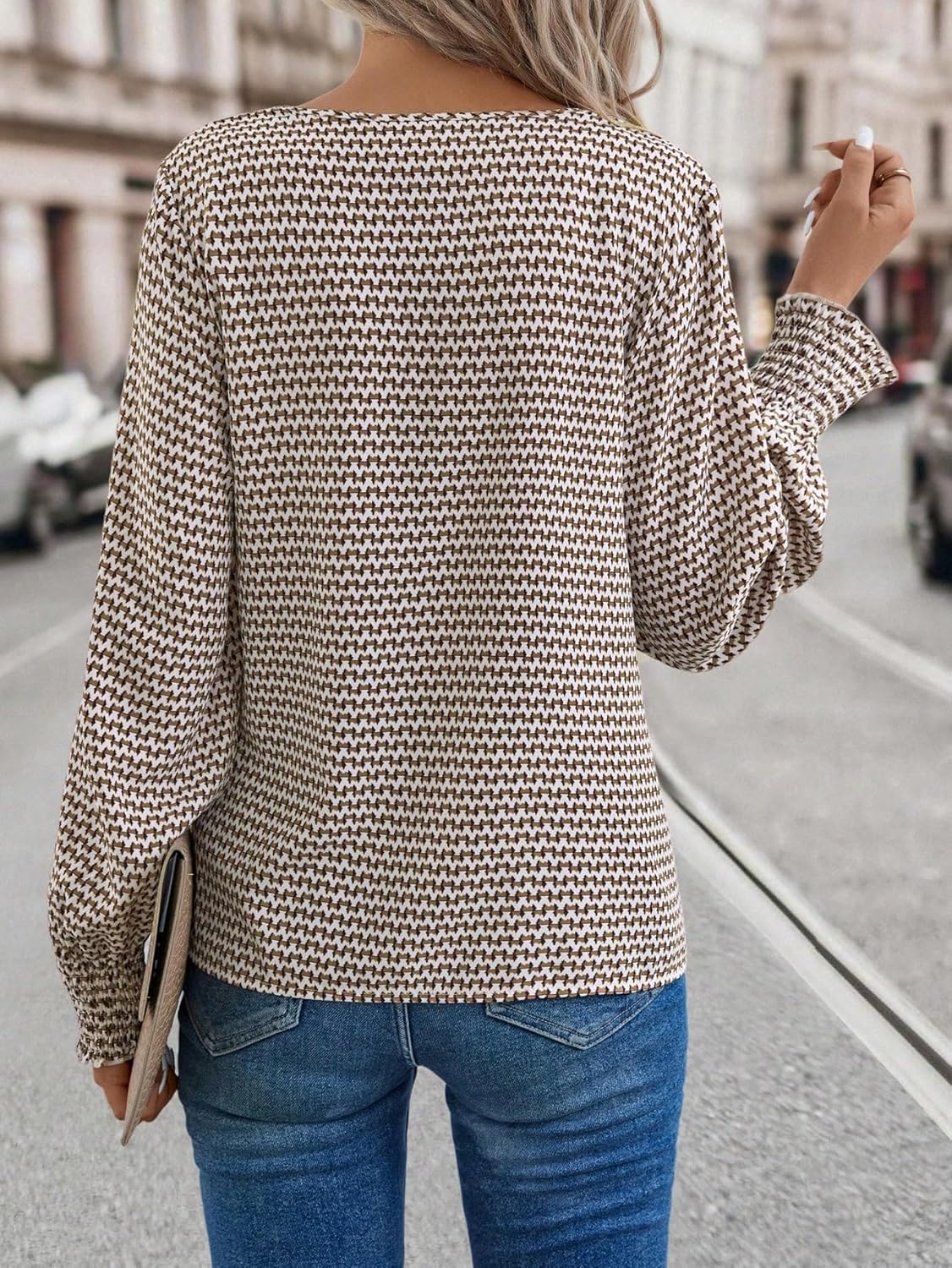 SOLY HUX Women's Printed Blouse V Neck Lantern Long Sleeve Shirred Casual Work Tops - Image 2