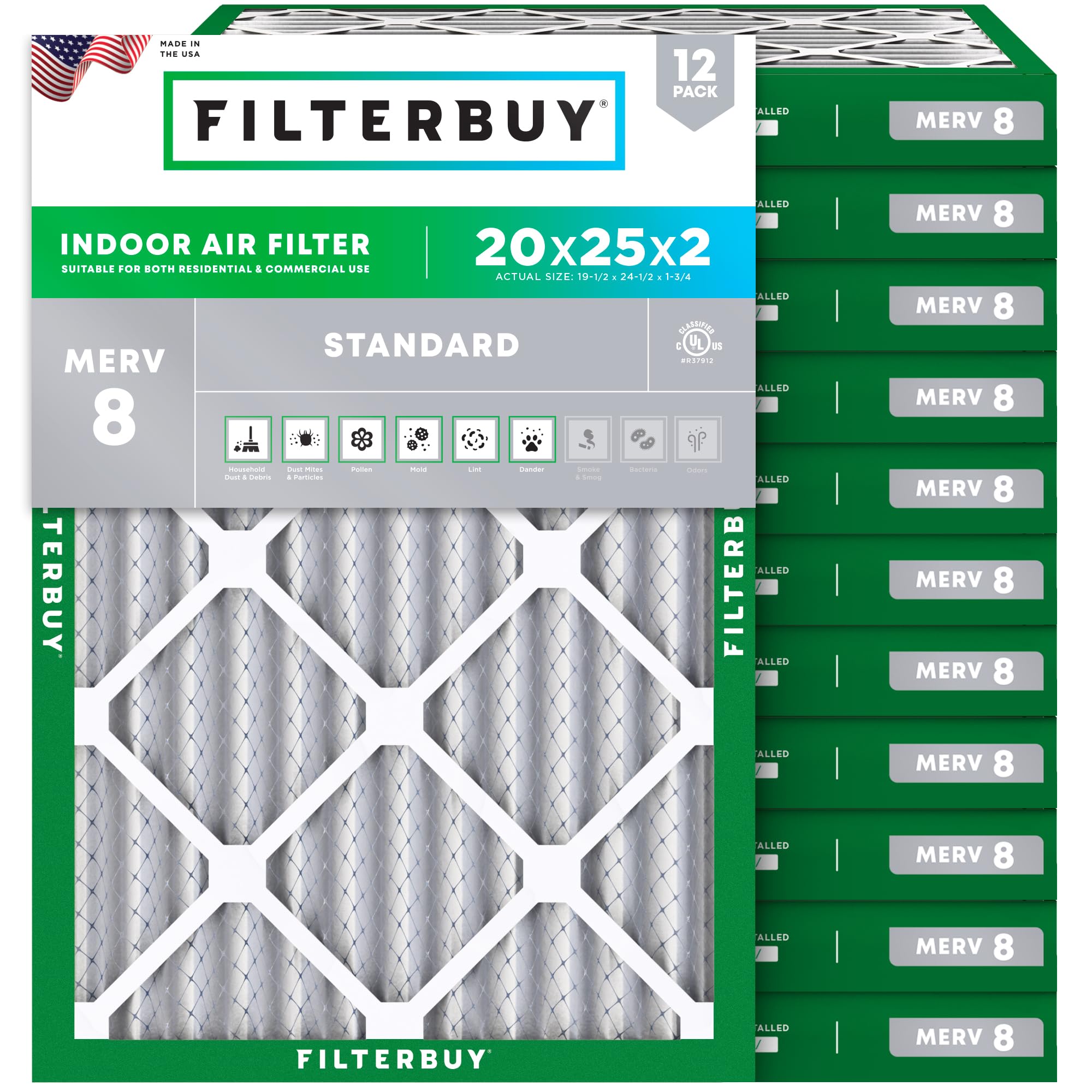 Filterbuy 20x25x2 Air Filter MERV 8 Essential Dust & Allergy Defense (12-Pack), Electrostatic Pleated HVAC AC Furnace Filters Replacement, Made in USA (Actual Size: 19.50 x 24.50 x 1.75)