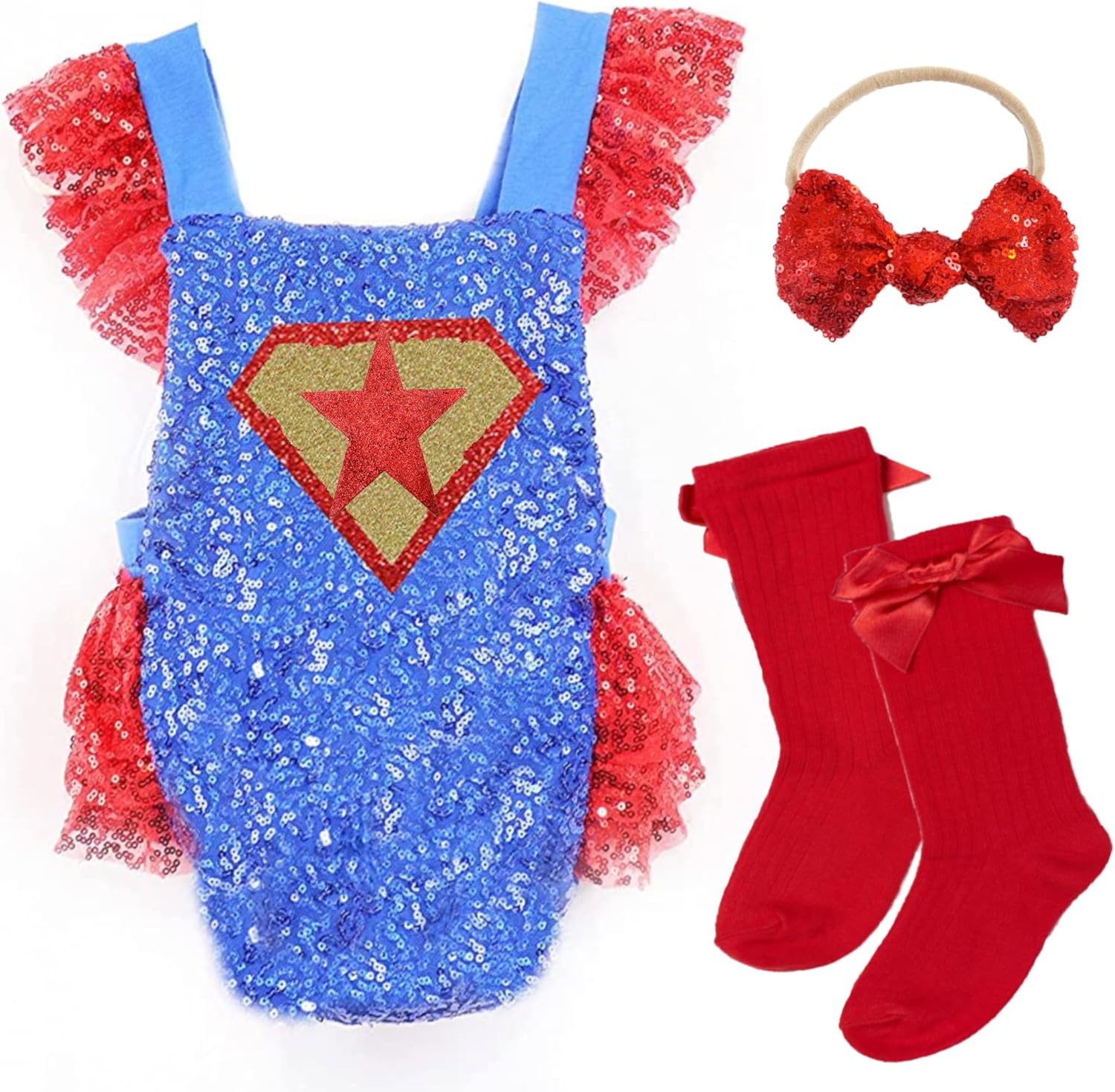baby Girl superhero Halloween Costume Spooky season outfit with high knee socks and matching bow