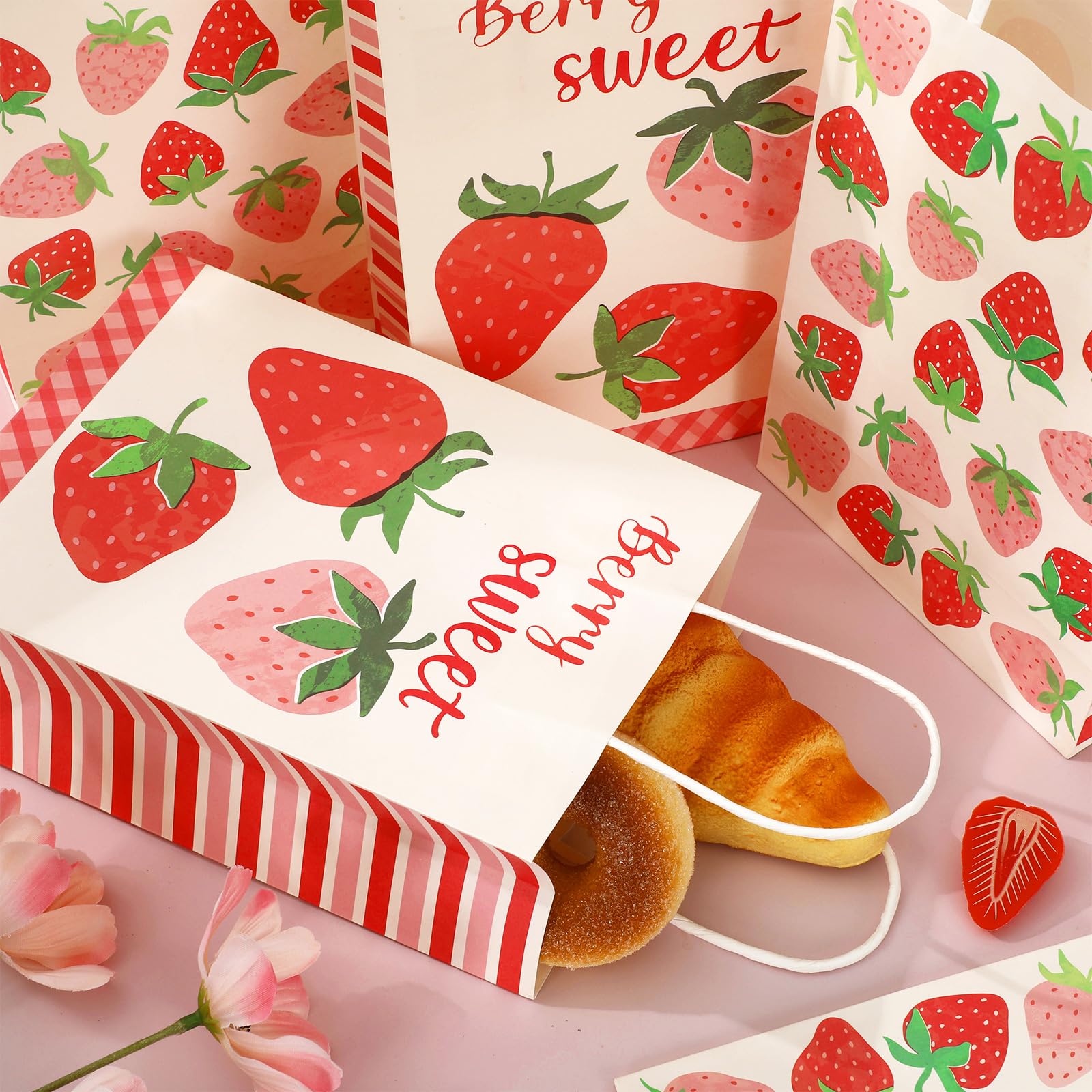 JarThenaAMCS 24 Pcs Strawberry Paper Gift Bags with Handle Pink Red Berry Sweet Party Favor Bags Goodie Candy Treat Bag for Wedding Baby Bridal Shower Party Favor Supplies, 2 Design