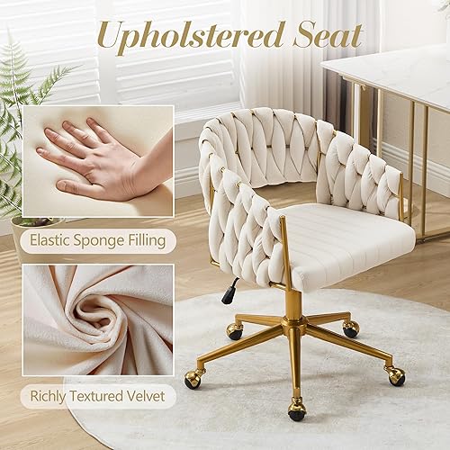 Miniatura 5 de ABET Silla de escritorio con ruedas, silla de terciopelo para oficina en casa, sillón giratorio con base dorada, inclinación trasera ajustable,