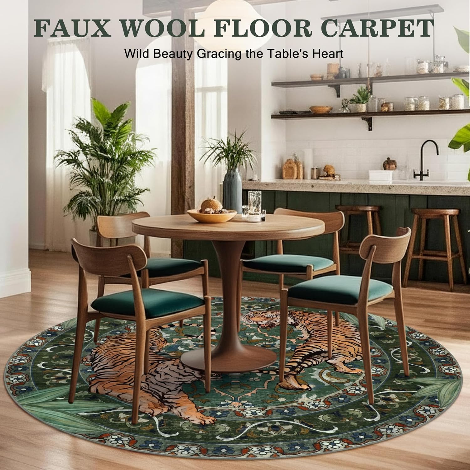 Tiger Round Area Rugs for Living Room 6ft, Boho Green Animal Print Bedroom Circle Rugs Non Slip, Washable Botanical Jungle Floor Carpet for Dining Room Entryway Nursery Playroom Office Spring