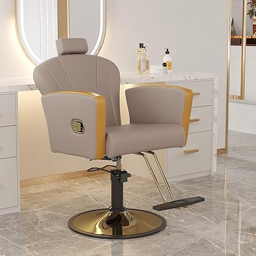 Miniatura 35 de KIGOTY Silla de salón para estilista, silla reclinable con bomba hidráulica, sillas giratorias de 360 grados con reposapiés y reposacabezas