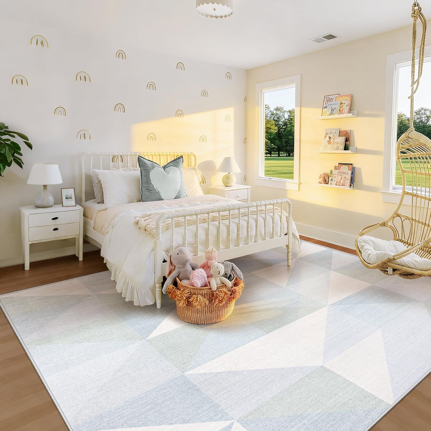 Washable Rug 8x10 Area Rugs: Modern Geometric Area Rug for Living Room Non-Slip Neutral Soft Carpet Low Pile Stain Resistant Indoor Rugs for Bedroom Nursery Dining Room Office (Light Blue, 8'X10')