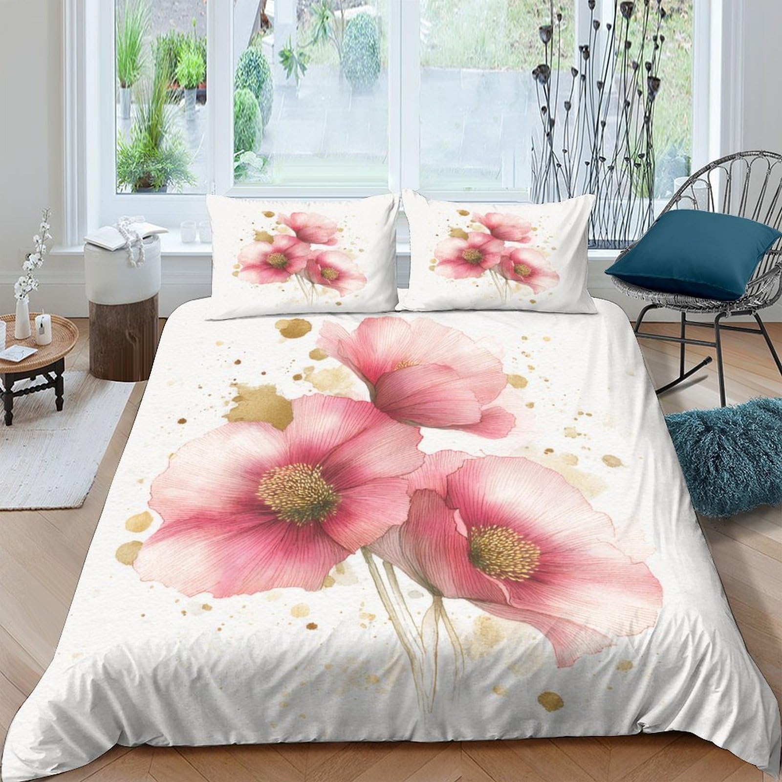 Ctjqhvkz Style-3 3D Printed Pink Floral Fitted Sheet Microfiber Bedroom Decor Elegant Watercolor Blossom Bed Cover For Home Guest Room Single（135X200cm）