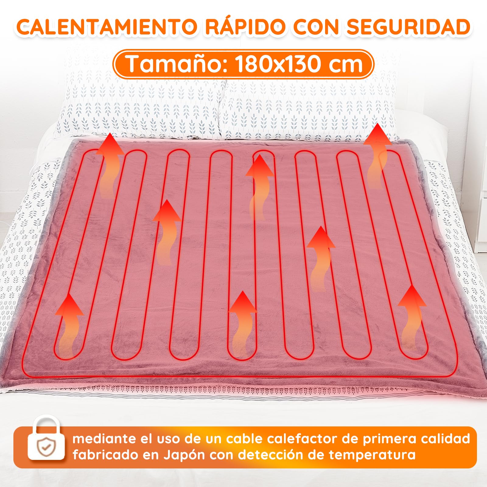 Mia&Coco Manta eléctrica Apagado automático, 180 x 130 cm, 10 Niveles de Calor, Temporizador de Apagado automático de 9 Horas, protección contra sobrecalentamiento, Lavable a máquina, Gris