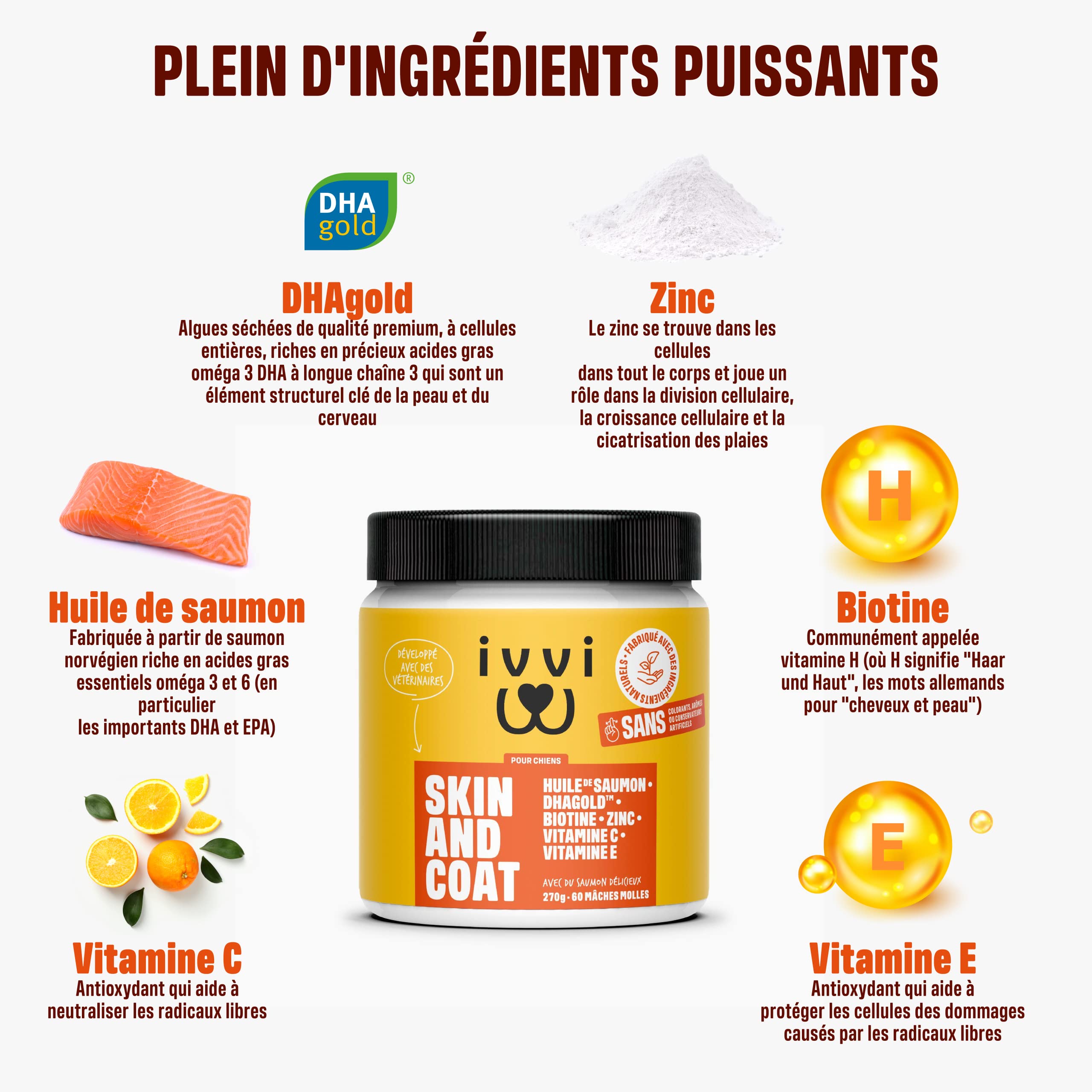 ivvi Skin & Coat Complément Alimentaire pour Chien, Anti-Démangeaisons, Fourrure Douce et Brillante - Oméga 3, Huile de Saumon, DHAgold, Vitamines C, E et Zinc - 60 Friandises au Saumon