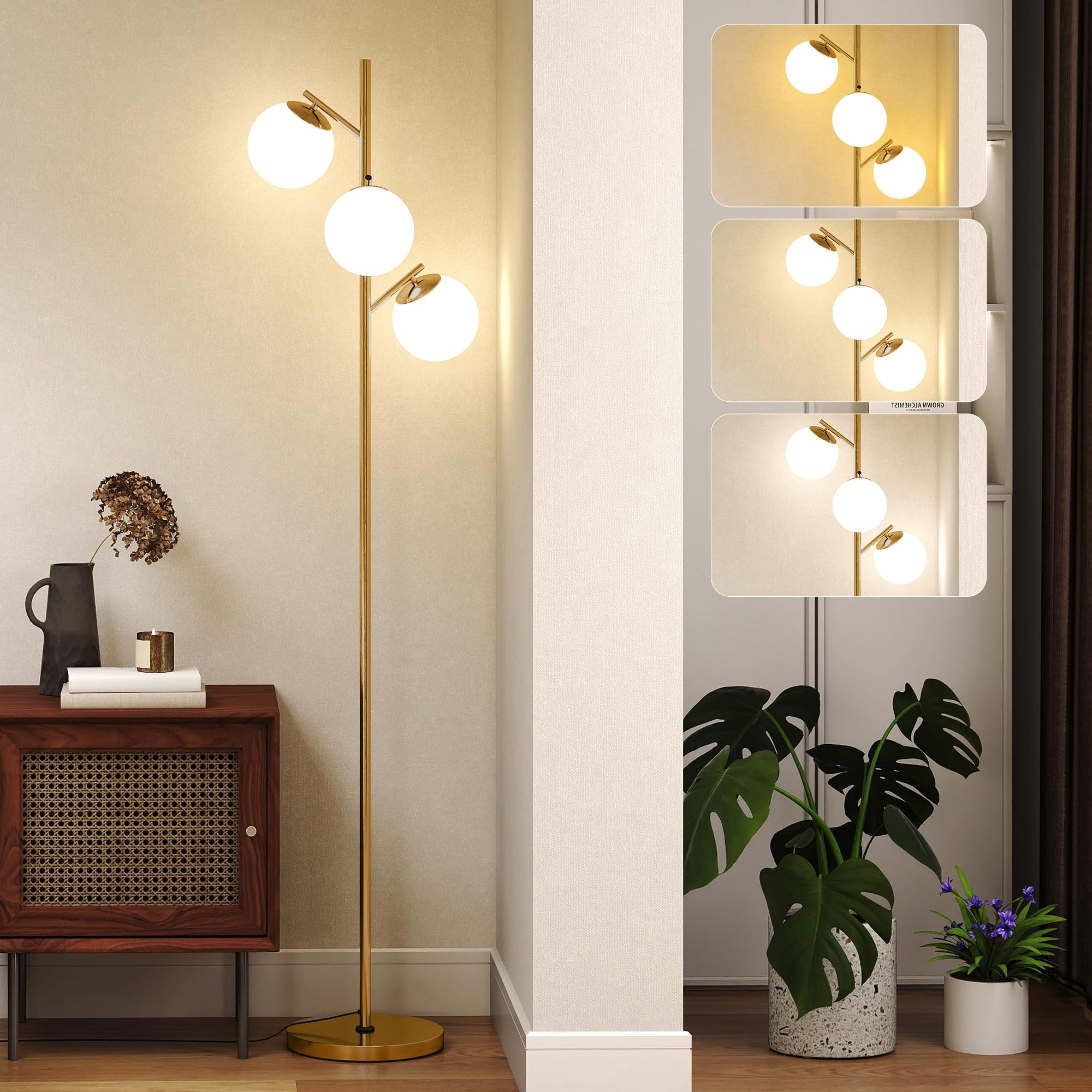 HOMCOM Tree Floor Lamp - 3 Lights - Gold - Steel