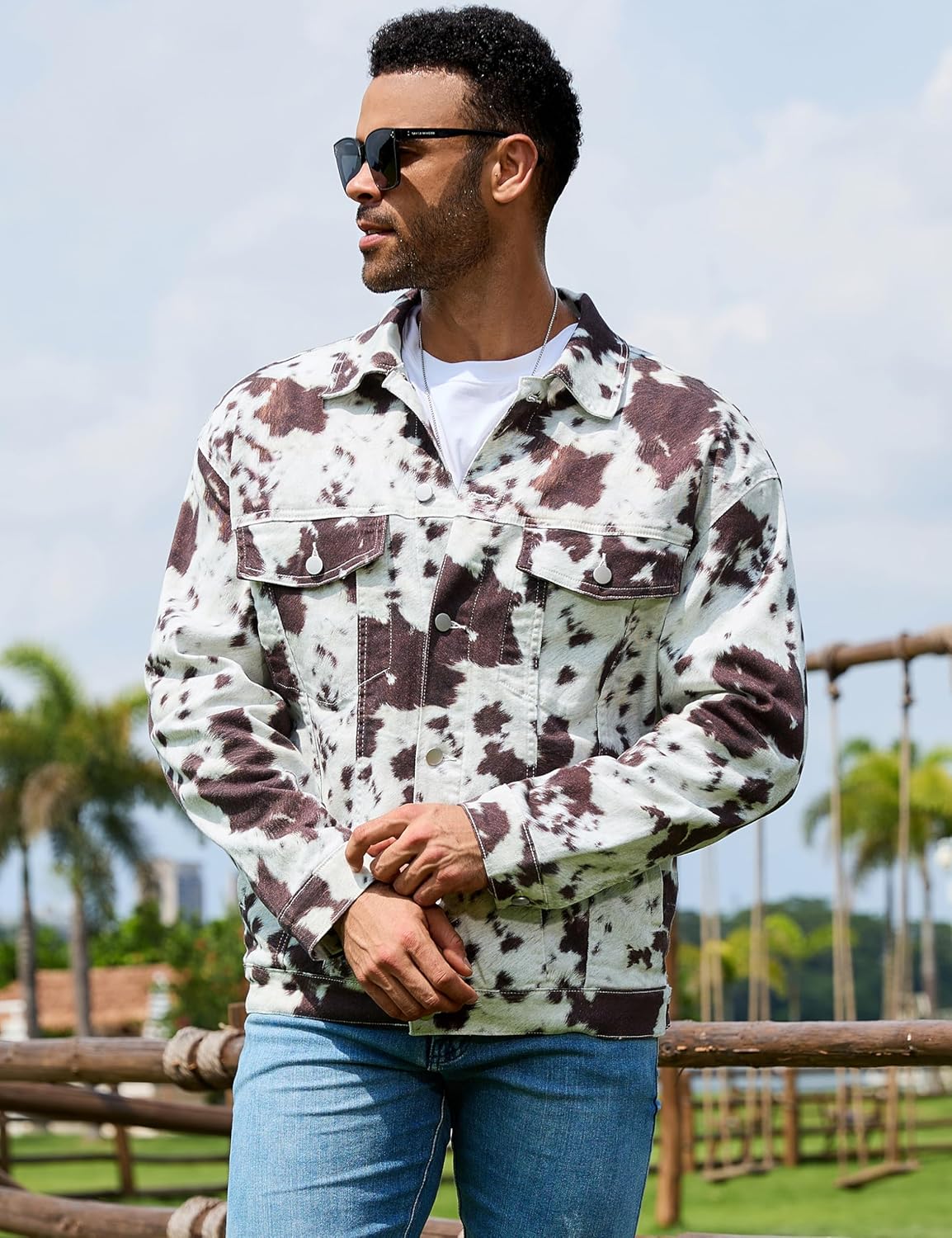 Cow Print Trucker Jacket for Men Western Cowboy Unlined Coats Cute Animal Tops Holiday Gifts