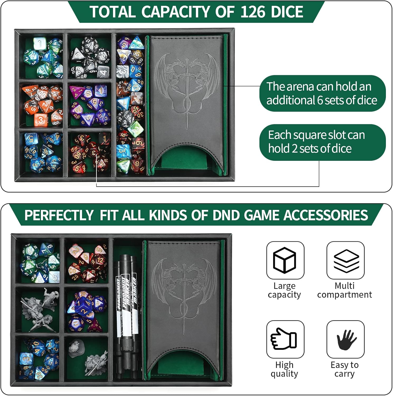 3 in 1 Dice Tray with Lid, Portable Dice Box Storage, D&D RPG MTG Table Games (Green)