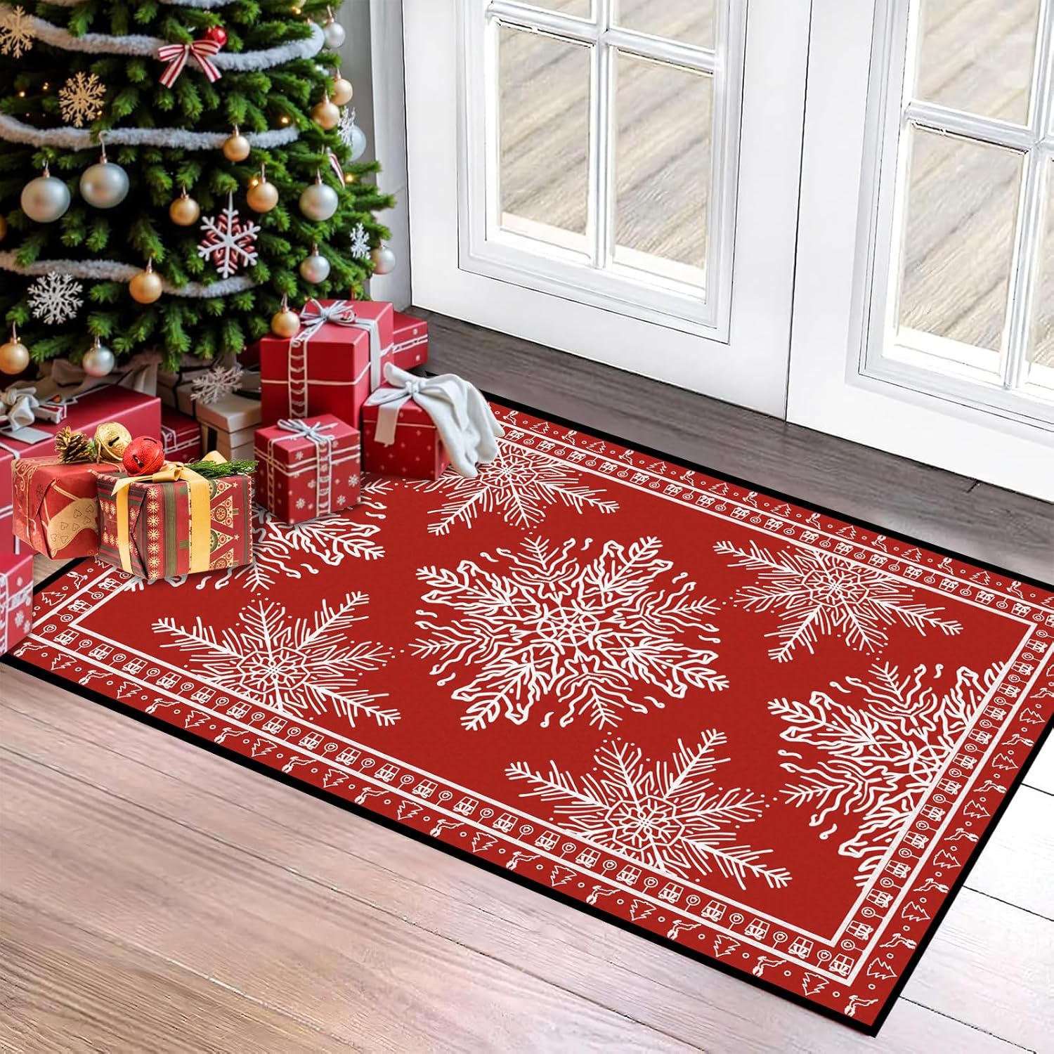 2'x3' Christmas Area Rug for Living Room Entryway Non-Slip Rugs Non Slip Low Pile Carpet Snowflake Print Doormat Red,23.6"x35.4"