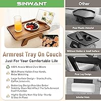 Vista 4 de SINWANT Mesa de Brazo para Sofá, Mesas de Reposabrazos de Sofá de Madera de Acacia, Mesa de Reposabrazos de Sofá con Soporte para Teléfono de 360°