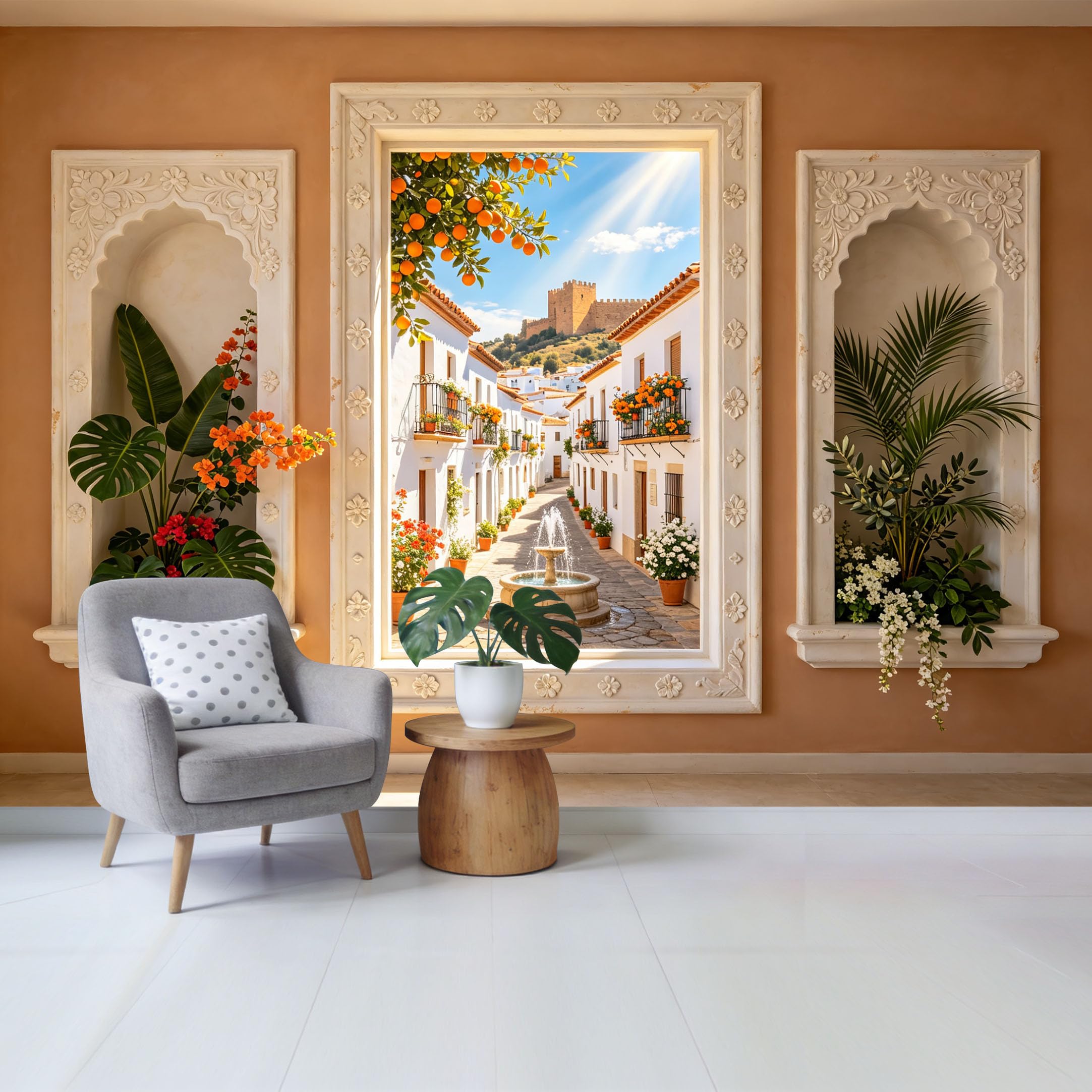 Removable Self Adhesive Fabric Mural， Mediterranean Town Fountain Landscape Custom Size Wall Covering， UV Protected Waterproof Washable Wall Decor for Living Room Bedroom Bathroom