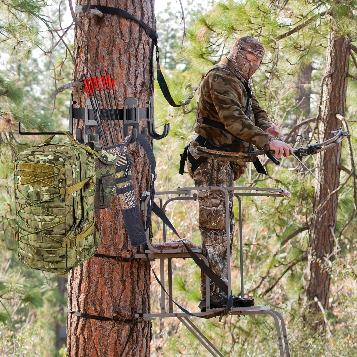 Treestand Strap Gear Hangers Comes with 3 Metal Gear Hooks and 1 Bow Hanger, for Tree Stand Platform Hunting Gears